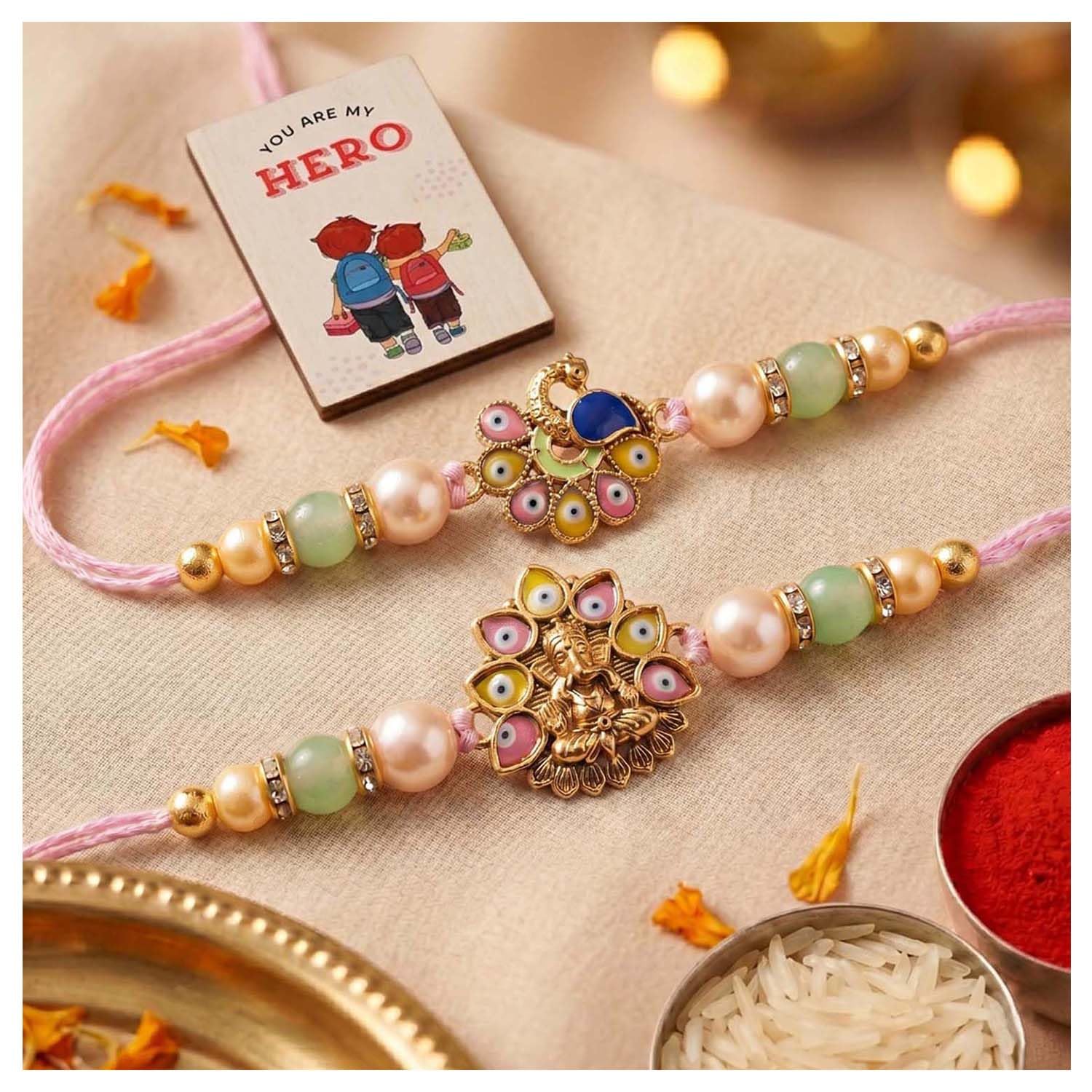 Ascension Designer Ganesha & Peacock Rakhi Set for Brother, Bhai Bracelet for Bhaiya & Sister with Roli Tilak & You are My Hero Fridge Magnet for Raksha Bandhan Gift-image-29