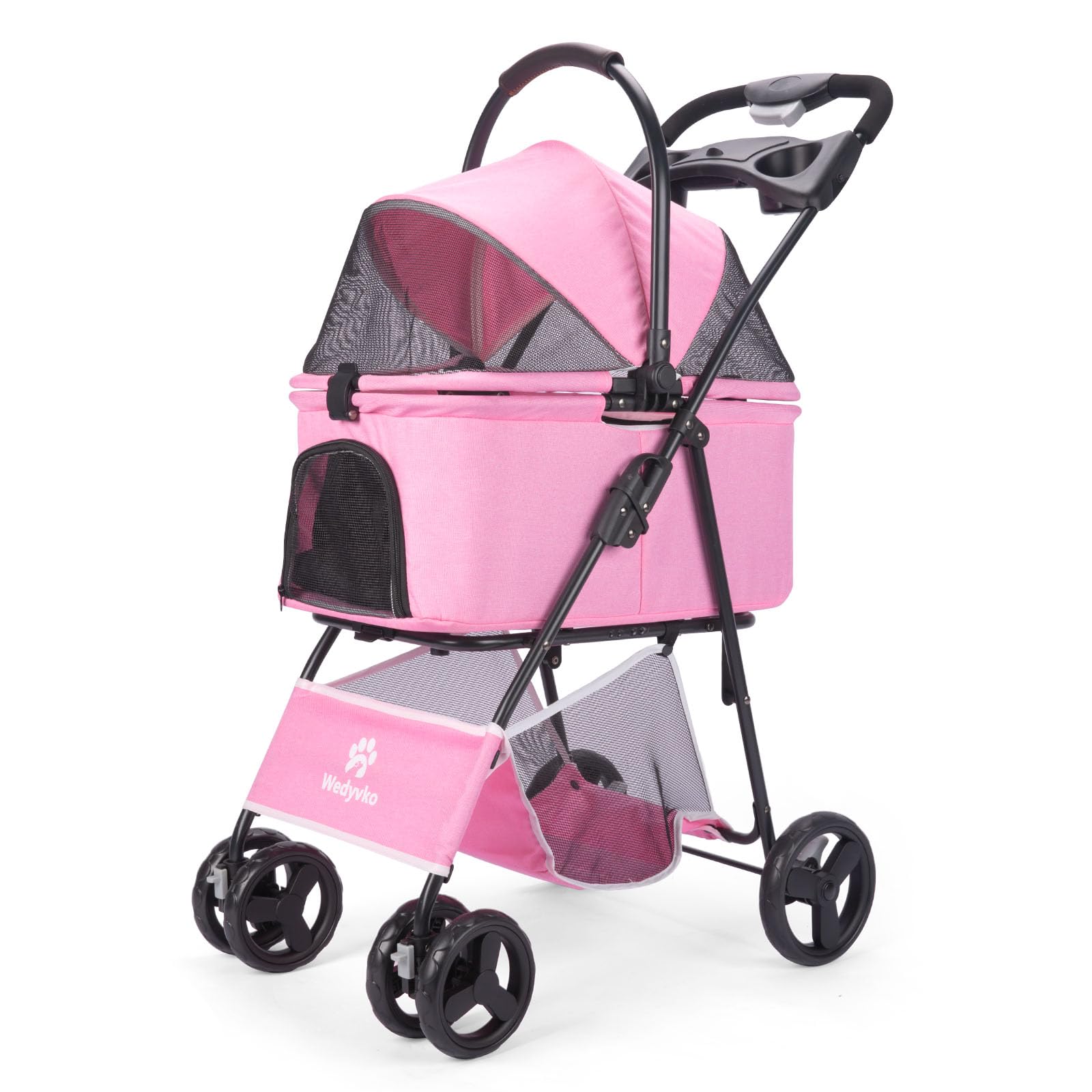 AESRAOU 2 in 1 Pet Dog Stroller, Folding Dog Cats Jogger Stroller with 4 Fast Wheels, Removable Carrying Basket Lightweight Travel Stroller for Medium Small Dogs Cats Outdoor (Pink)