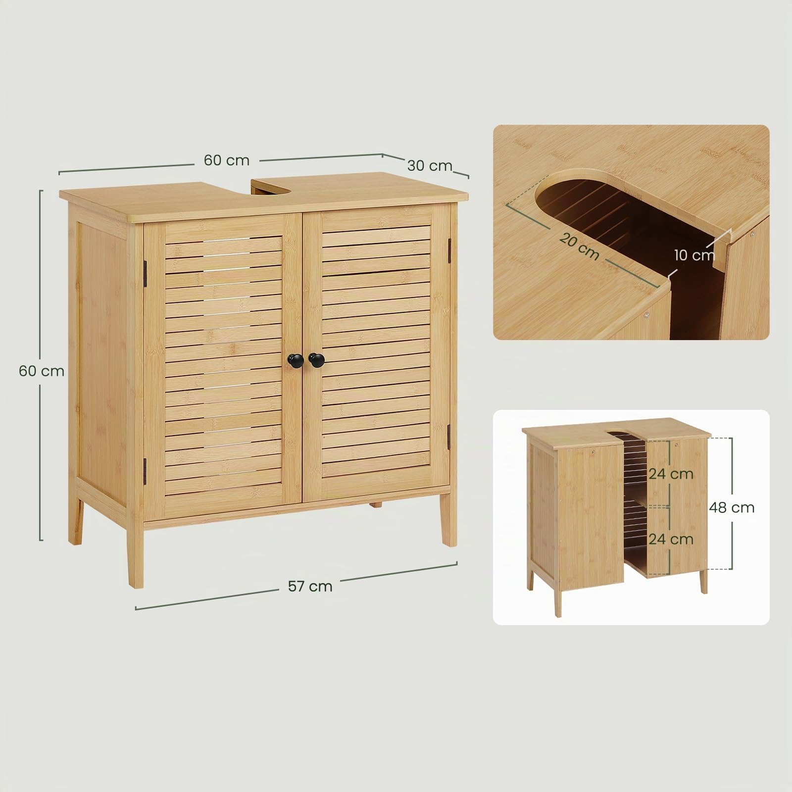 EUGAD Armario de Baño, Mueble de Baño de Bambú, Mueble bajo Lavado, con Puertas de Rejillas, Transpirable y Antihumedad, Recorte 20x10 cm, Estante Ajustable, 60x30x60 cm
