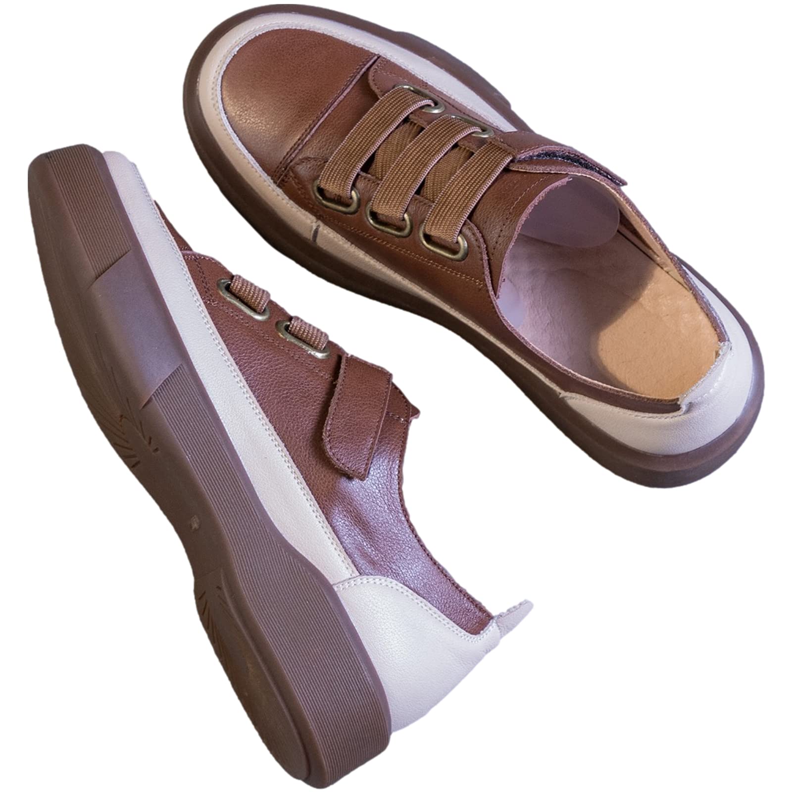 Damen Retro Stil Low Top Sneaker aus Echtem Leder Weicher Sohle Loafer Schuhe mit Klettverschluss
