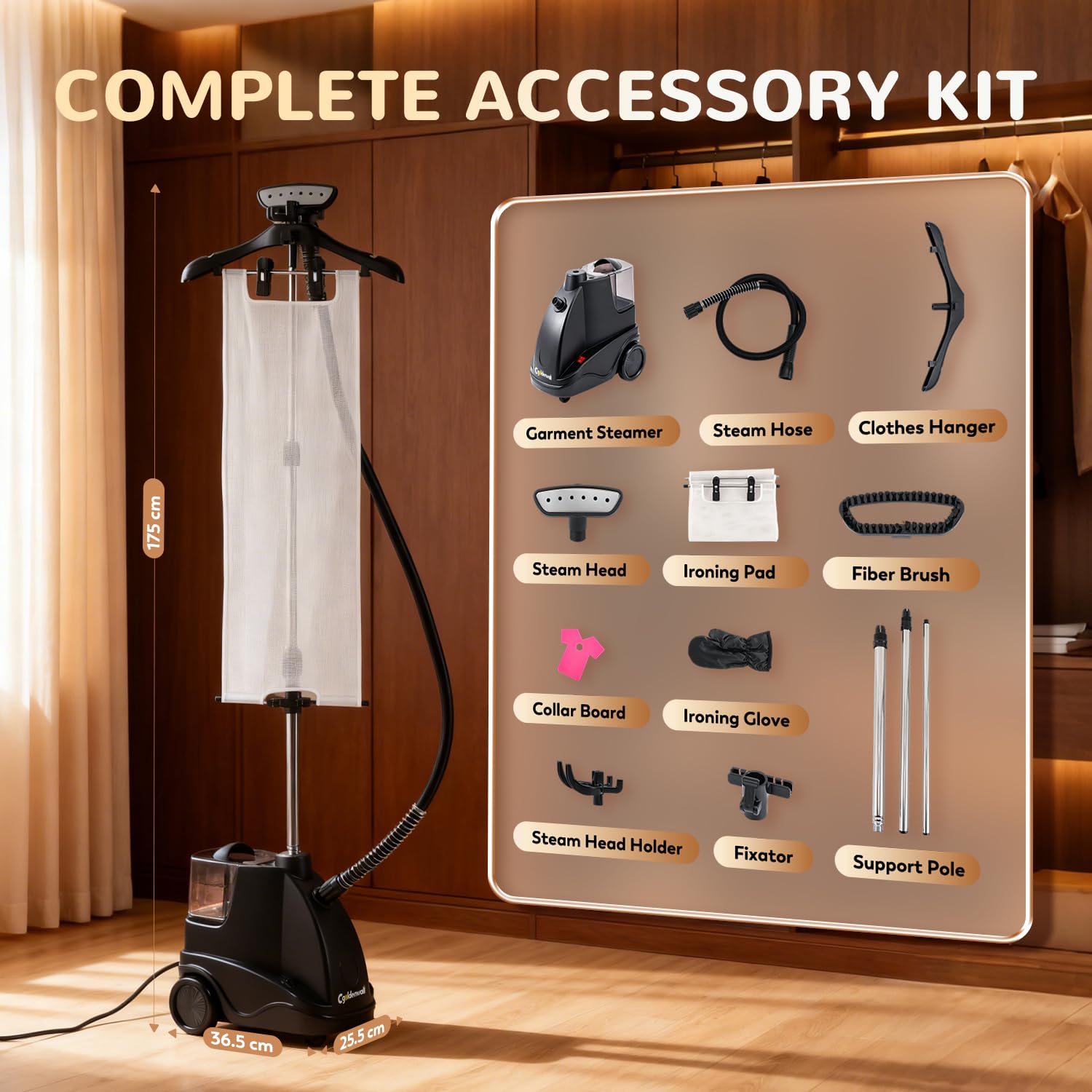 CGOLDENWALL Stiratrice a Vapore Verticale 1500W, Riscaldamento Rapido in 40 Secondi, Serbatoio dell'Acqua da 2.9L, Doppia Regolazione Vapore per Tutti i Tessuti, con Set Completo di Accessori