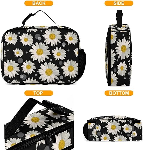 Miniatura 4 de Lonchera reutilizable con diseño de margaritas blancas, bolsa de almuerzo aislada, lonchera para comida y alimentos, bolsa de mano para mujeres,