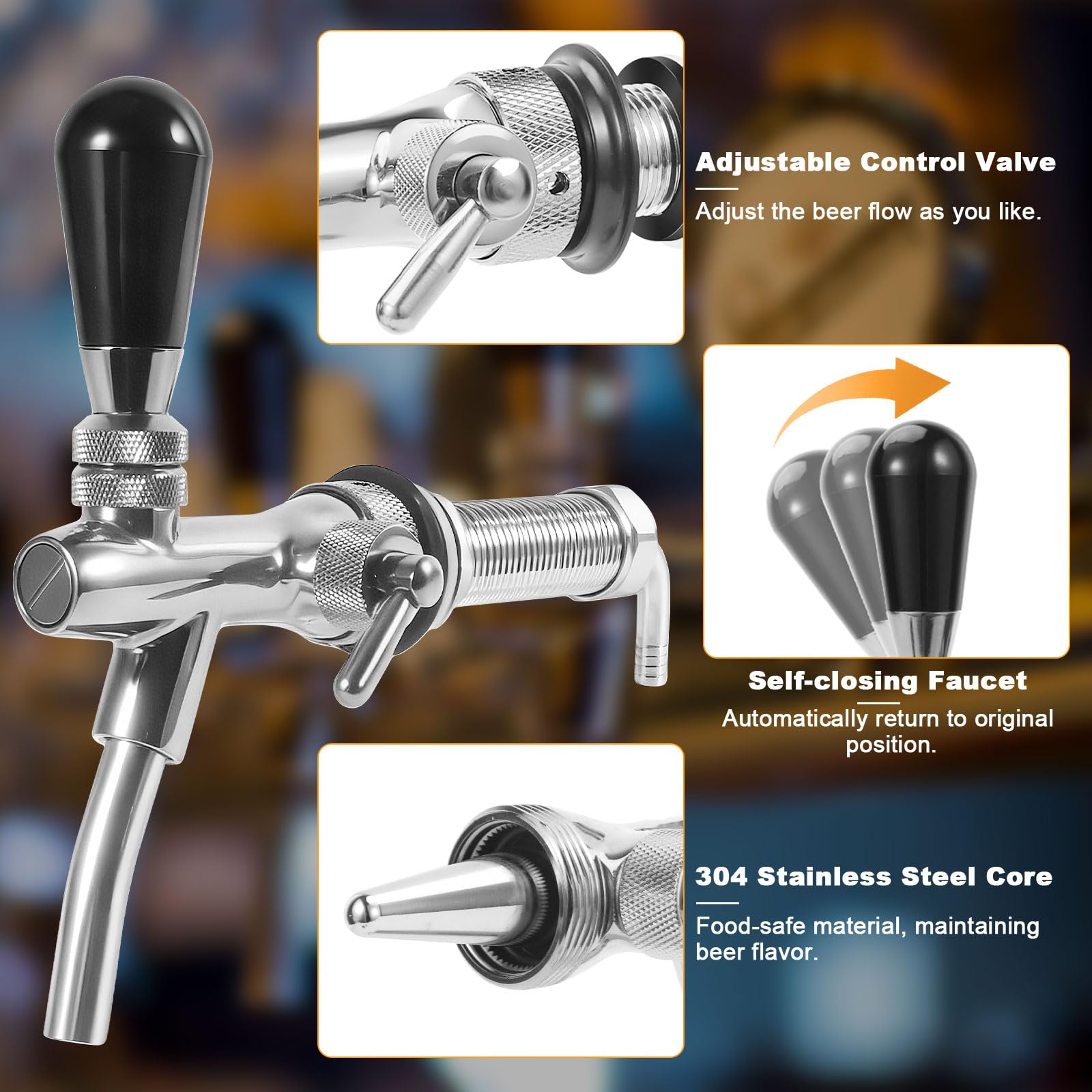 Grifo de cerveza de control de flujo de vástago largo, grifo de cerveza ajustable mejorado con núcleo de acero inoxidable y cuerpo de latón, vástago de cerveza de barril de 4 pulgadas con 5