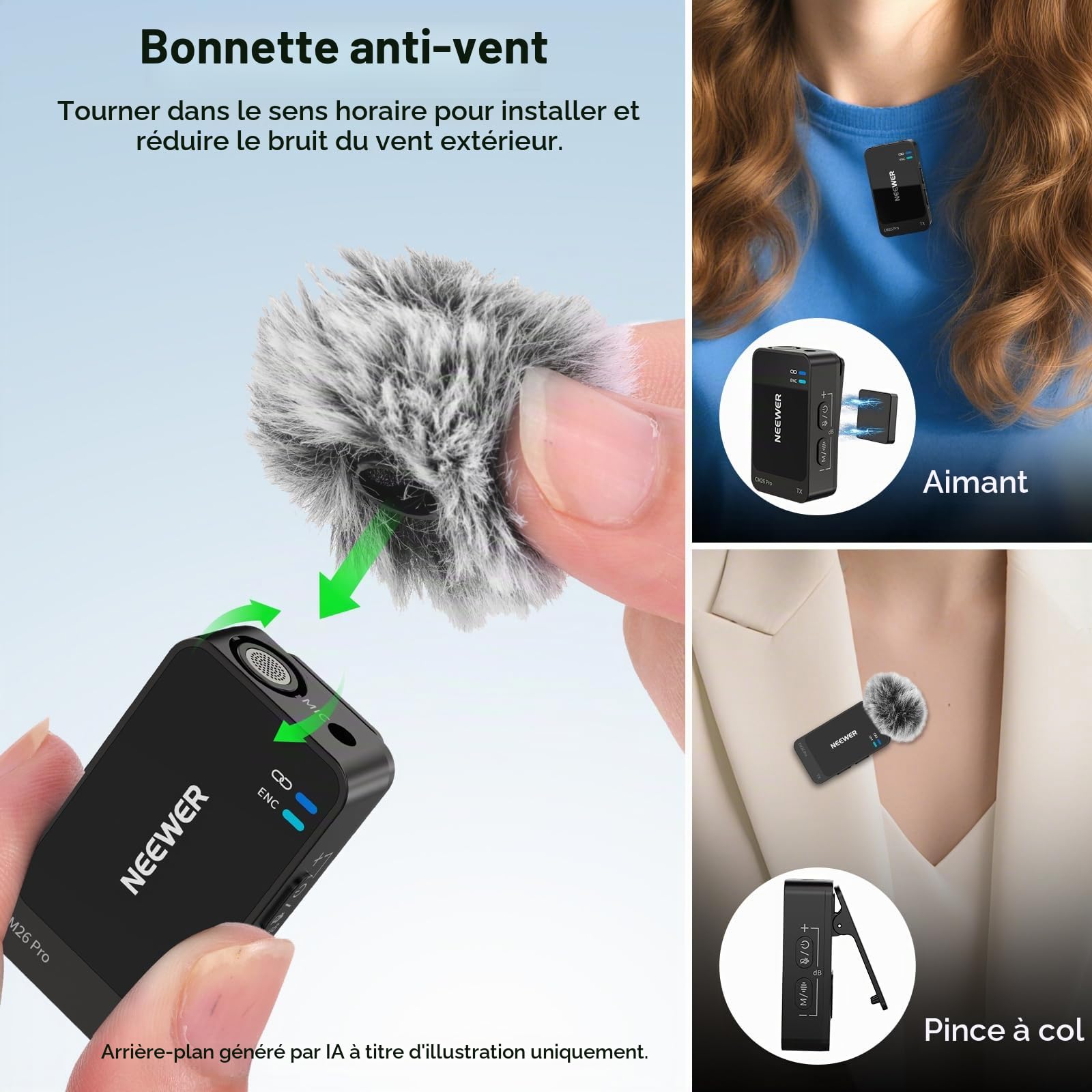 NEEWER CM26 Pro AI Microphone sans Fil Compatible avec iPhone,Android,appareils Photo&PC.Micro-Cravate avec DSP/MCU,réduction du Bruit,48 ​​kHz/24 Bits, Rapport Signal/Bruit de 88 DB, portée de 100m