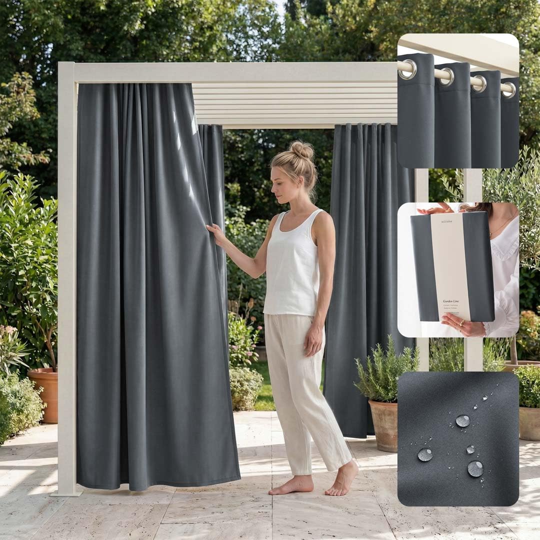 ROOM99 Outdoor Curtain with Eyelets Garden Line 155 x 220 cm Width x Height Outdoor Curtain Weatherproof Waterproof Privacy Screen Sun Protection Curtains Garden Windproof Dark Grey