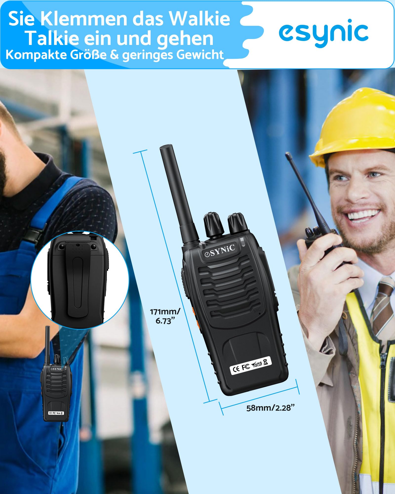 eSynic Wiederaufladbare Walkie Talkies – 8er Set PMR446 Lizenzfreie 2-Wege Radio mit 16 Kanälen, LED Taschenlampe, VOX Freisprechfunktion, Handgerät für Outdoor, Schule, Zuhause, Road Trip, Camping