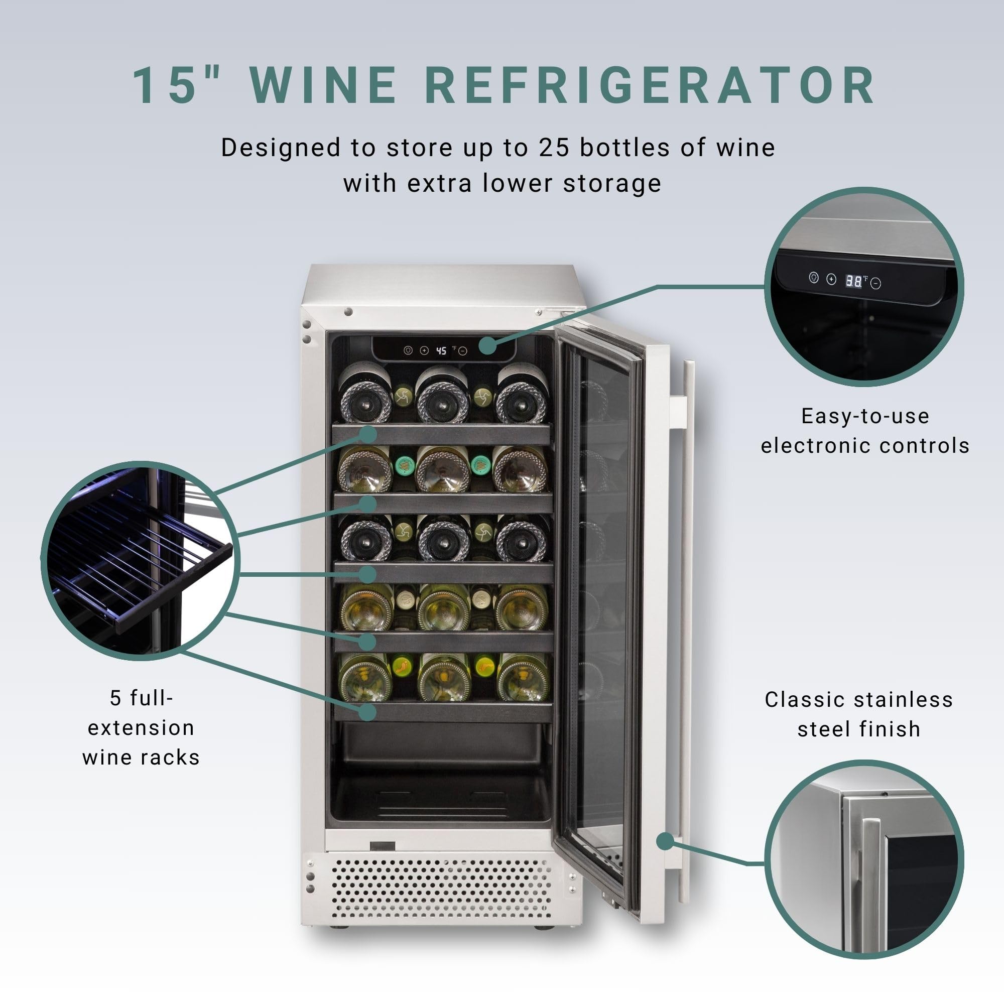 Marvel Northland Collection 15” Undercounter Wine Refrigerator, 5 Full-Extension Wine Racks, Stores Up To 25 Bottles Of Wine, Indoor/Outdoor Rated on Fridge.com - View 4