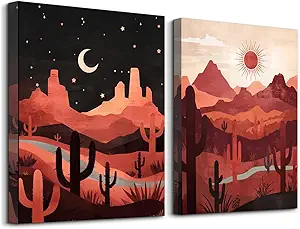 SERIMINO Boho Canvas Wall Art for Living Room, Western Desert Landscape Abstract Wall Art, Tropical Cactus Wall Decor Set of 2, Sun and Moon Art Prints for Dining Room Bedroom, 12 x16 inch