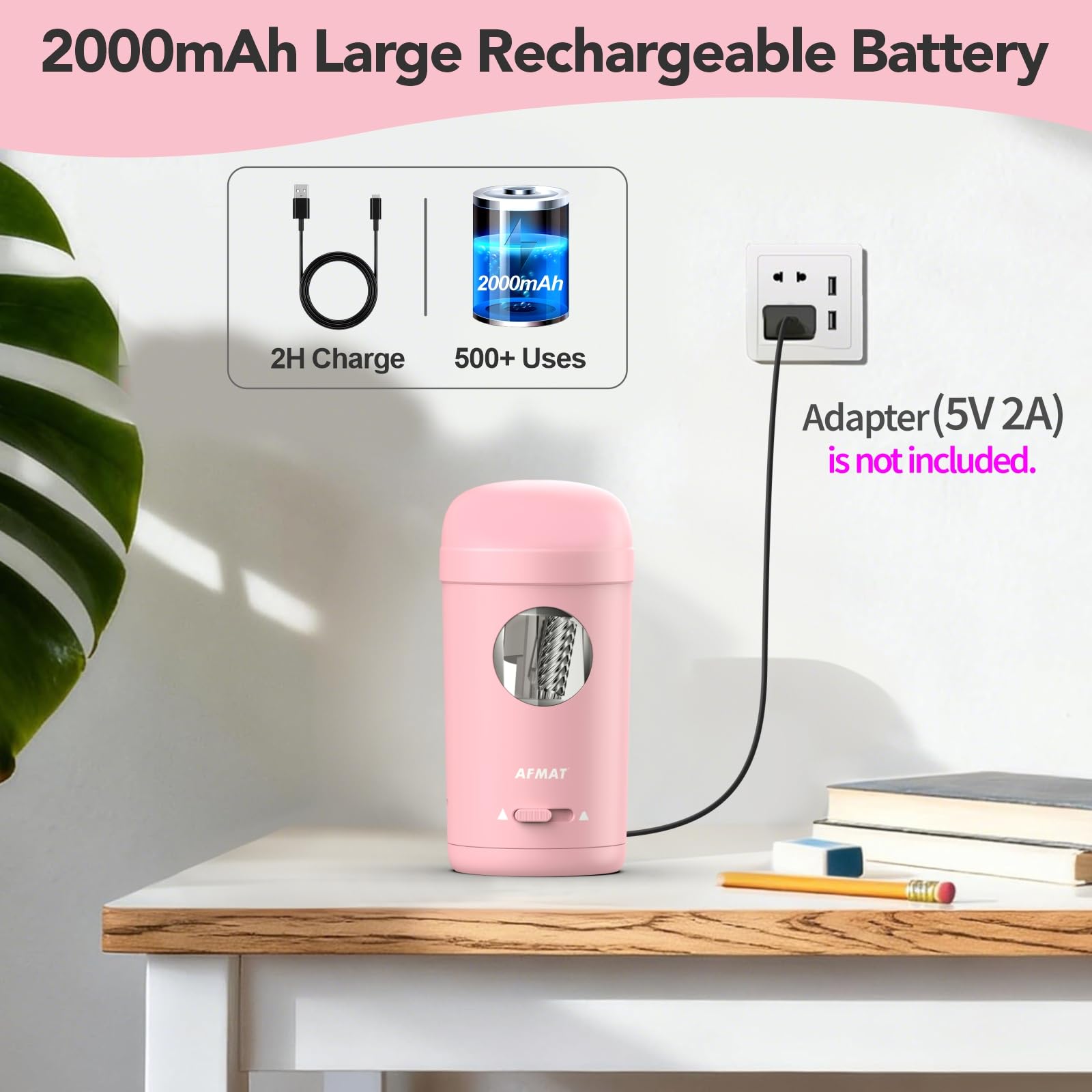 AFMAT - Sacapuntas eléctrico totalmente automático para lápices de 7-8 mm y lápices de colores, entrada y salida automática, sacapuntas verticales recargables para aula/hogar y oficina, modelo: PSX7