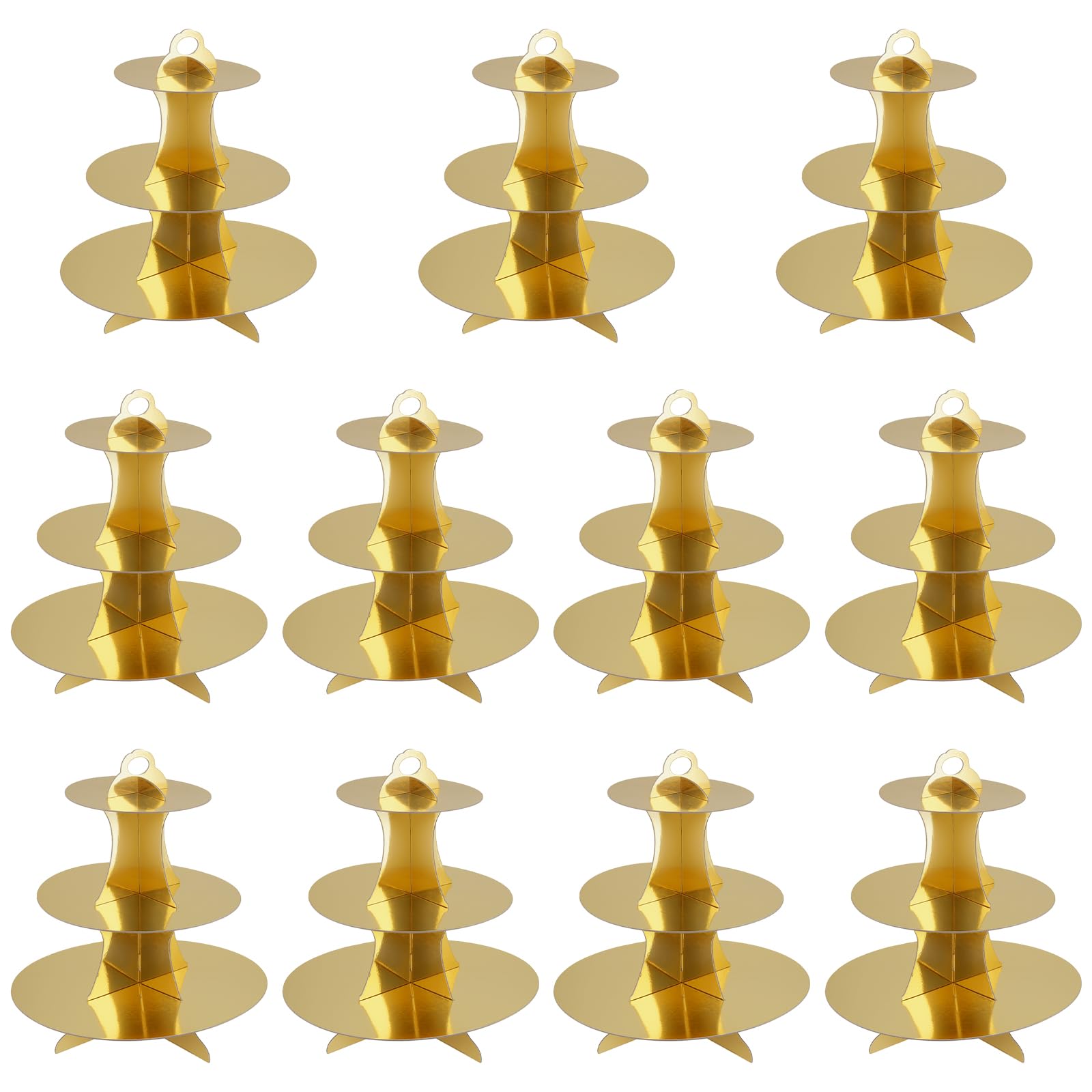 Paquete de 10 soportes de cartón dorado de 3 niveles, soporte redondo de cartón para cupcakes, soporte de exhibición de cupcakes para fiesta de cumpleaños, fiesta de Navidad, boda