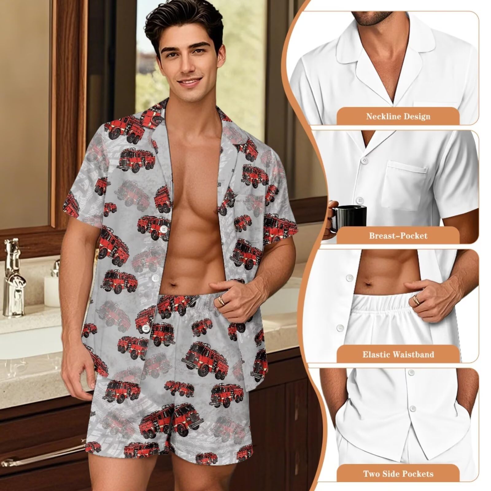 Herren-Schlafanzug-Set, kurzärmelig, Knopfleiste, Nachtwäsche, Loungewear, Nachtwäsche, 2-teilig