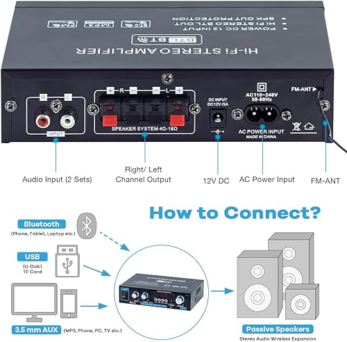 Miniatura 4 de AK35 Amplificador estéreo Bluetooth 5.0, mini receptor de audio de 2.0 canales, amplificador de audio de alta fidelidad para el hogar de 30Wx2 con