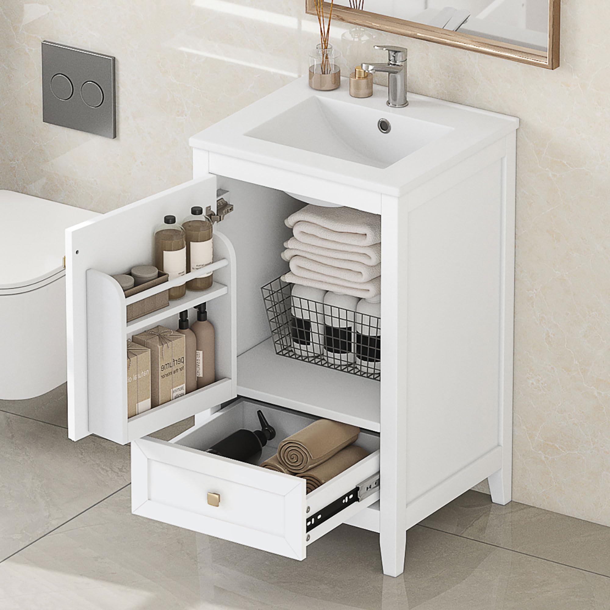 Guxeei 20-inch Bathroom Vanity with Sink, Free Standing Vanity Cabinet with Soft Closing Door, Storage Rack, and Drawer, Solid Wood Bath Vanity Set