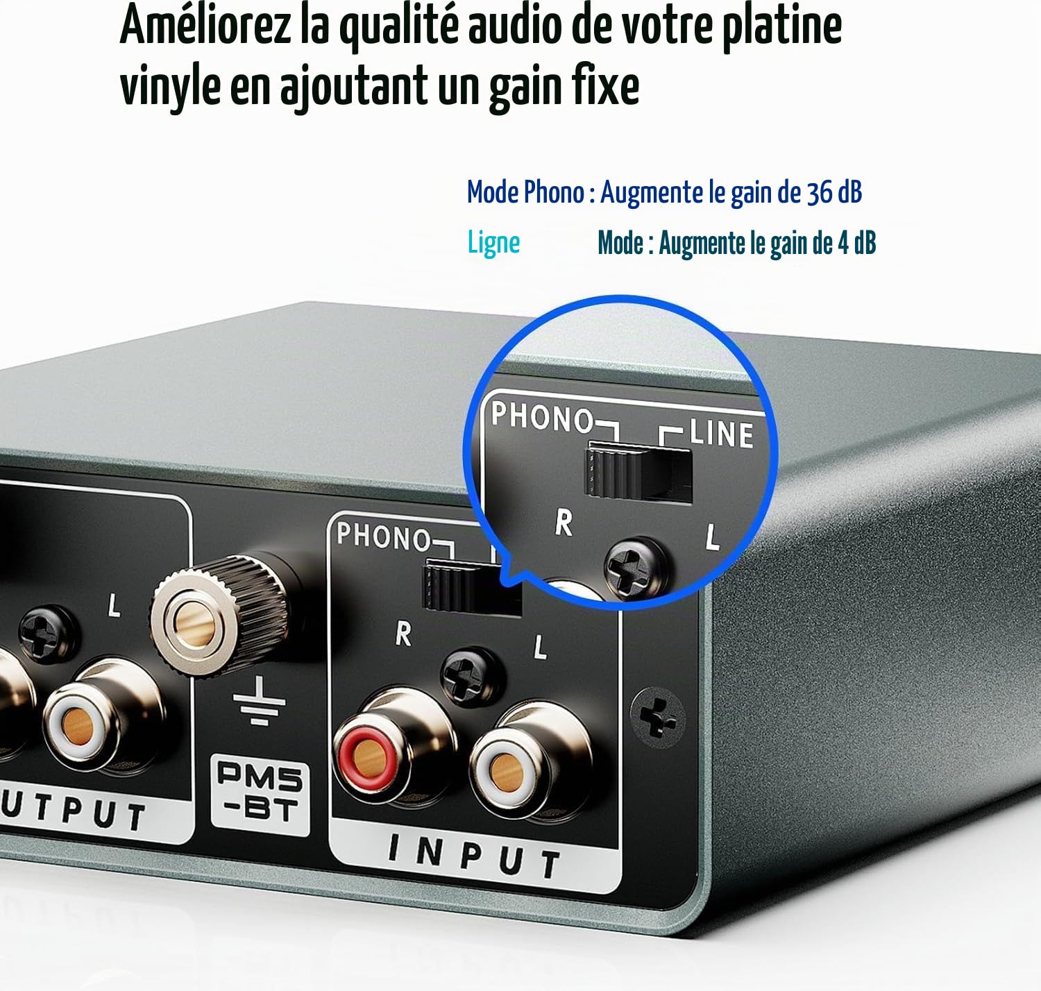 Bluetooth Préampli Phono, Préamplificateur de Platine Phonographe avec Entrée RCA, Sortie Bluetooth, pour Tourne Disque Vinyle avec Commutateur de Sortie Phono et Niveau Ligne, Gain 36 DB/4 DB