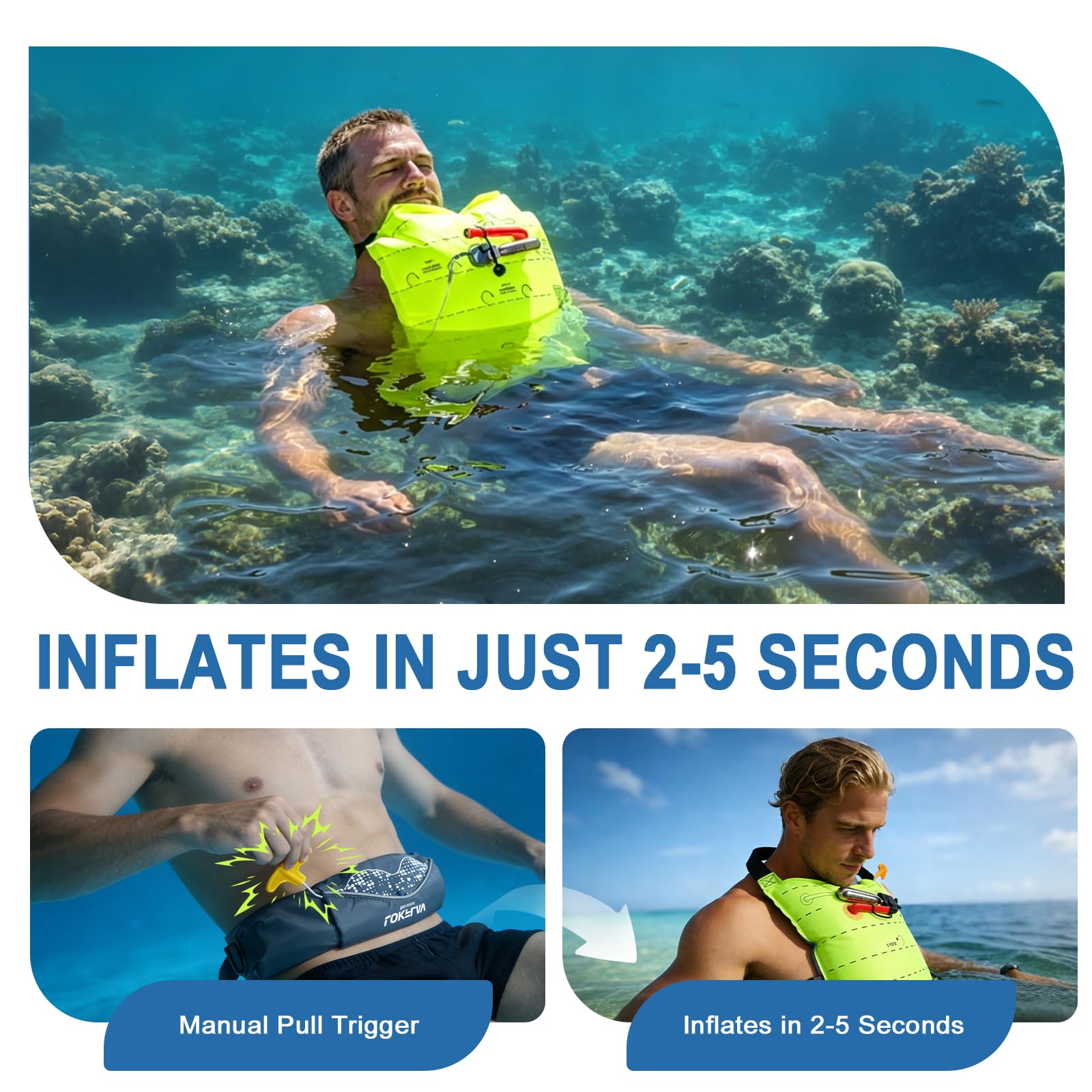 Cinturón inflable manual PFD para adultos con cartucho de CO2, se adapta a cintura de 30 a 52 pulgadas, peso de 80 a 330 libras, flotabilidad de 130 N, ideal para kayak, pesca, vela y todos