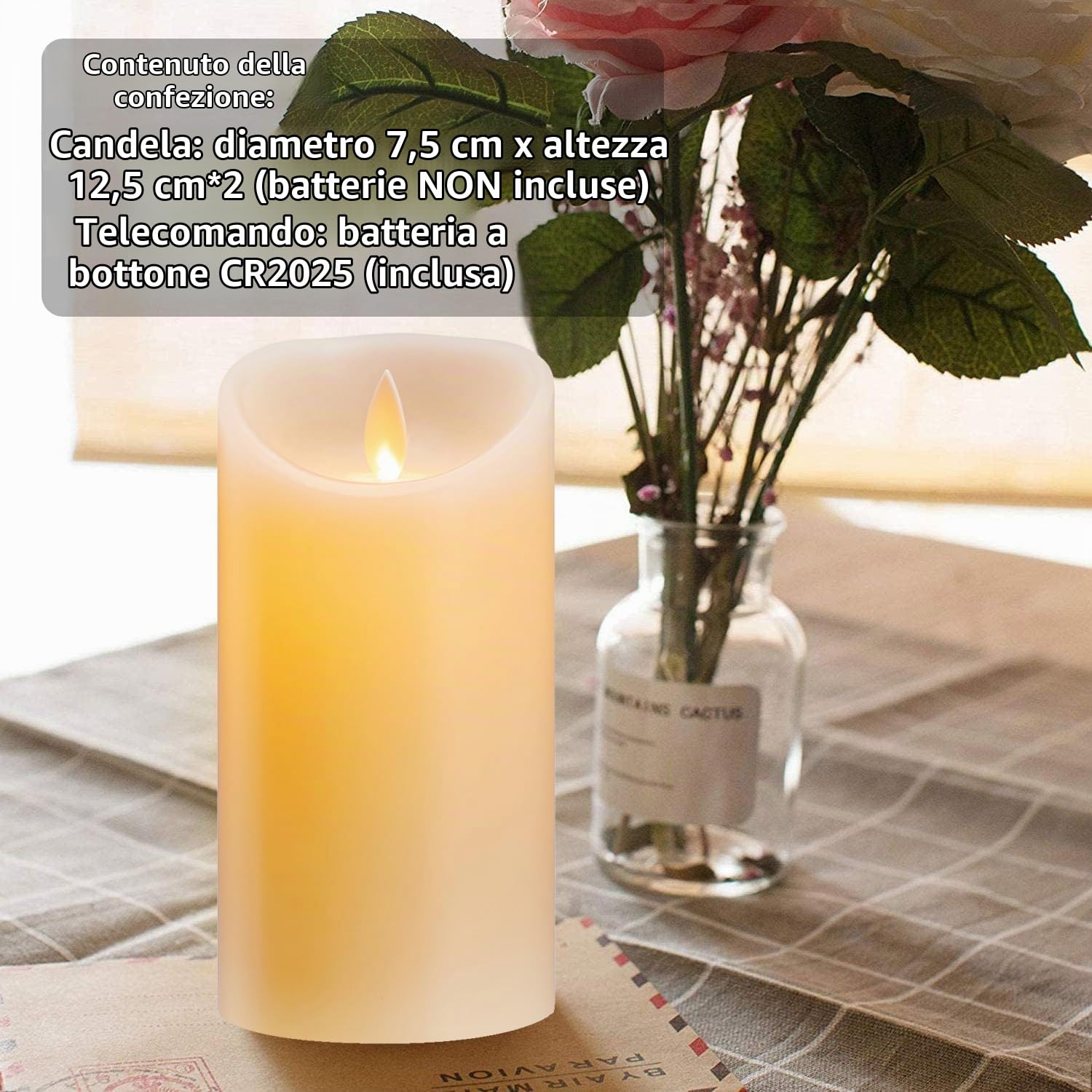 Candele LED, Set di 2 Candele a LED con Telecomando, Fiamma Oscillante Realistica - Decorazioni per Casa, Festa, Matrimonio, Cenone, Tavola, Chiesa - 7.5 x 12.5 cm