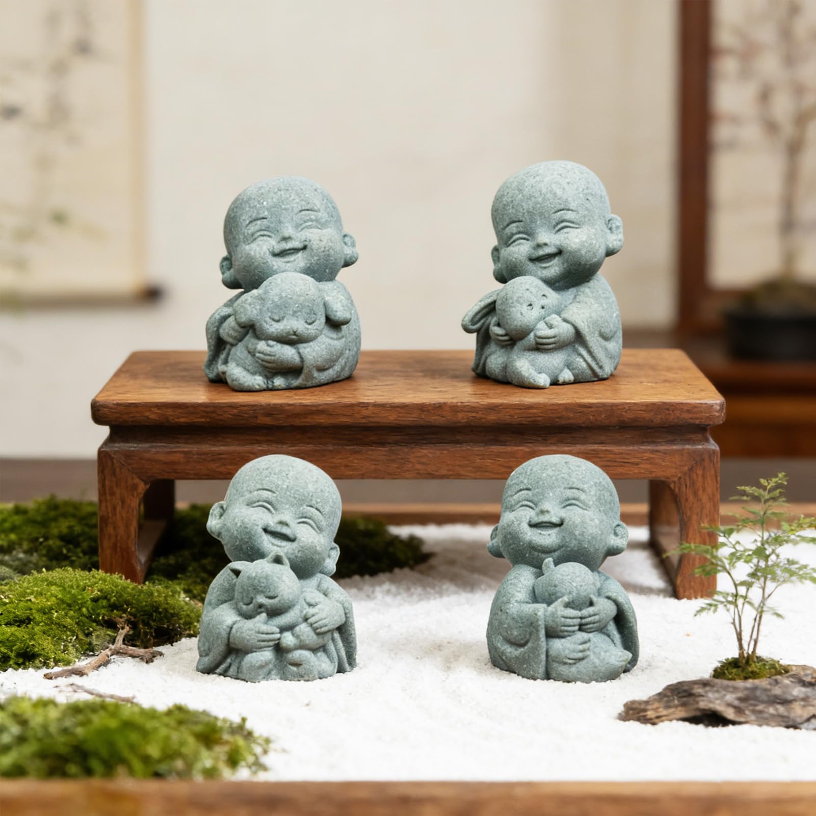 4PCS Mini Monk Buddha Statue Set Sandstone Statues Zen Monk Statue Sculptures for Decor Home Fish Tank Aquarium Garden, Style A