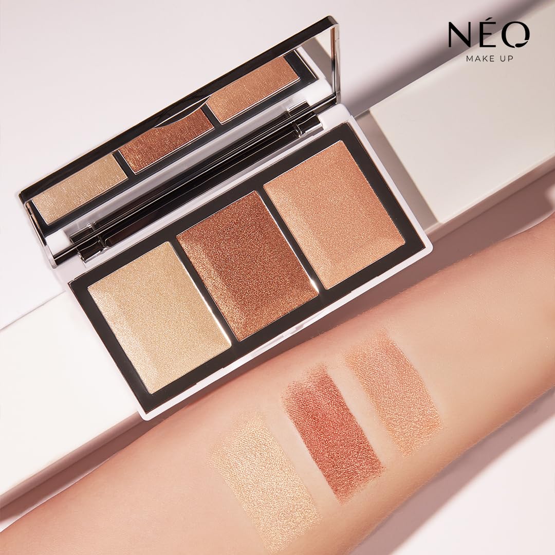 NEO MAKE UP Shine is Mine - Paleta Rozświetlaczy - 3 odcienie - ciepły brąz - szampański - złoty - Długotrwały Blask i Rozświetlenie