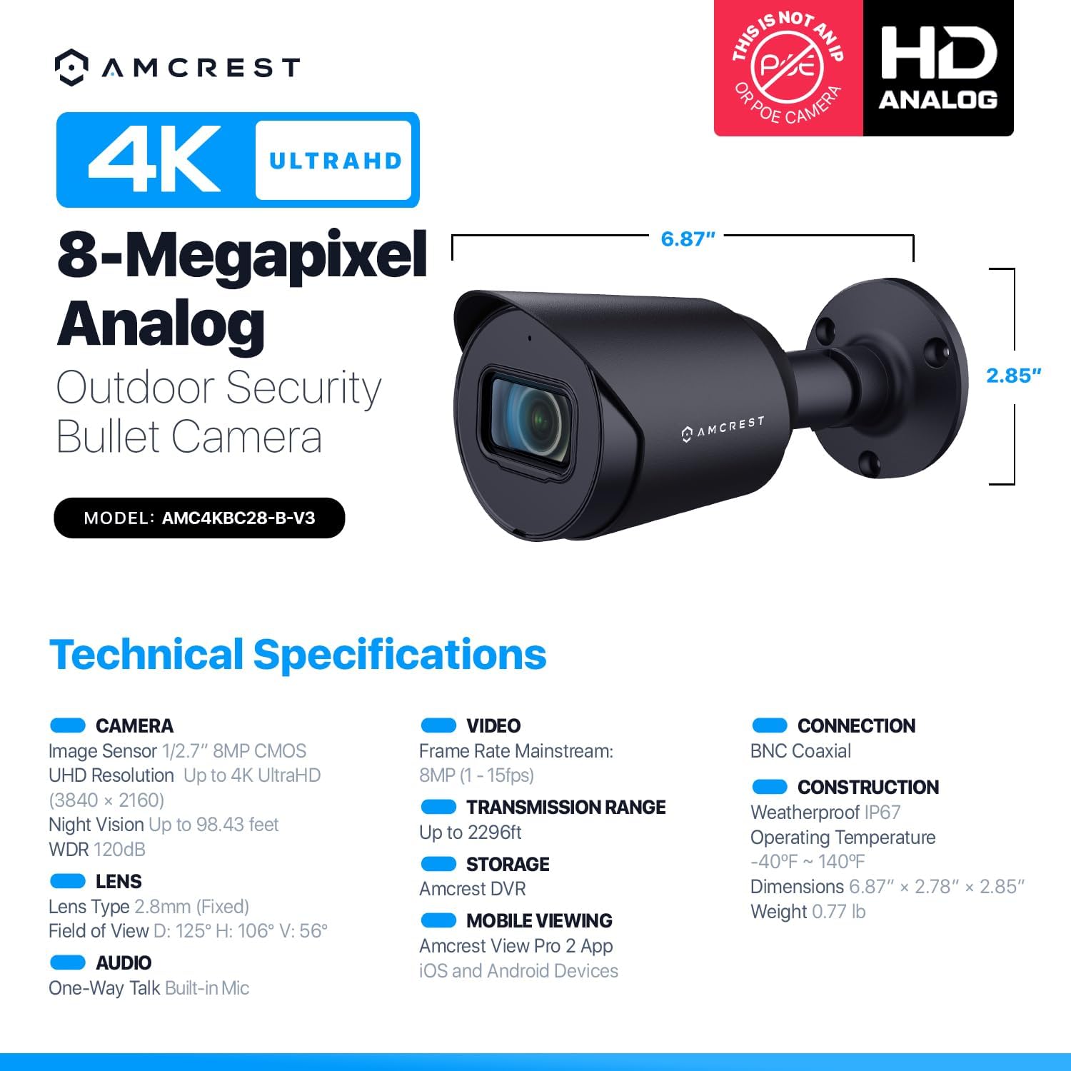 Amcrest 4K Analog Outdoor Security Camera, Bullet 4K (8MP) @15fps, CCTV-Coax-BNC, 98ft Night Vision, IP67 Metal, 125° Angle, Mic, Black (Not an IP Camera) (DVR Required, Not Included) (AMC4KBC28-B-V3)