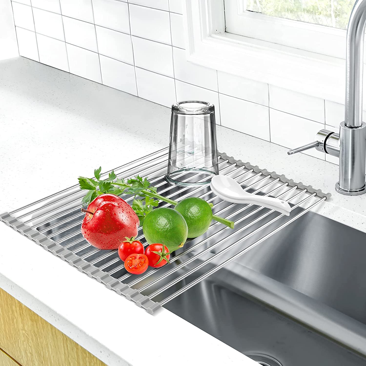 ALMEKAQUZ Roll-Up Dish Drying Rack, Foldable Trivet, Dish Drainer & Over Sink Dish Rack Cover, BPA Free,Portable Silicone and Stainless Steel Rolling Rack for Kitchen Sink Counter (52 * 40cm)