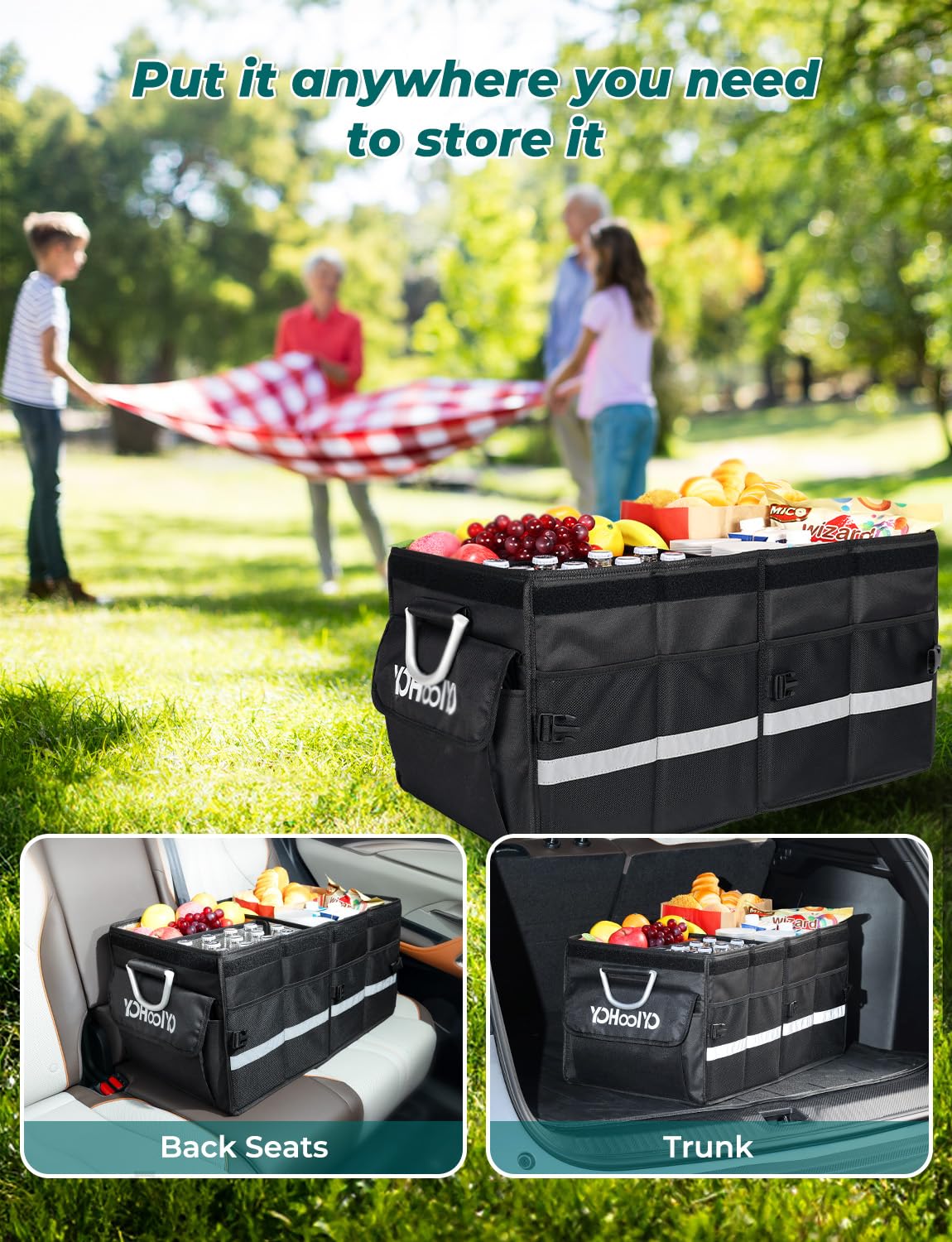YOHOOLYO Car Trunk Organizer Cooler Bag Insulated Collapsible Trunk Organizer for SUV with Multi Compartments Lid