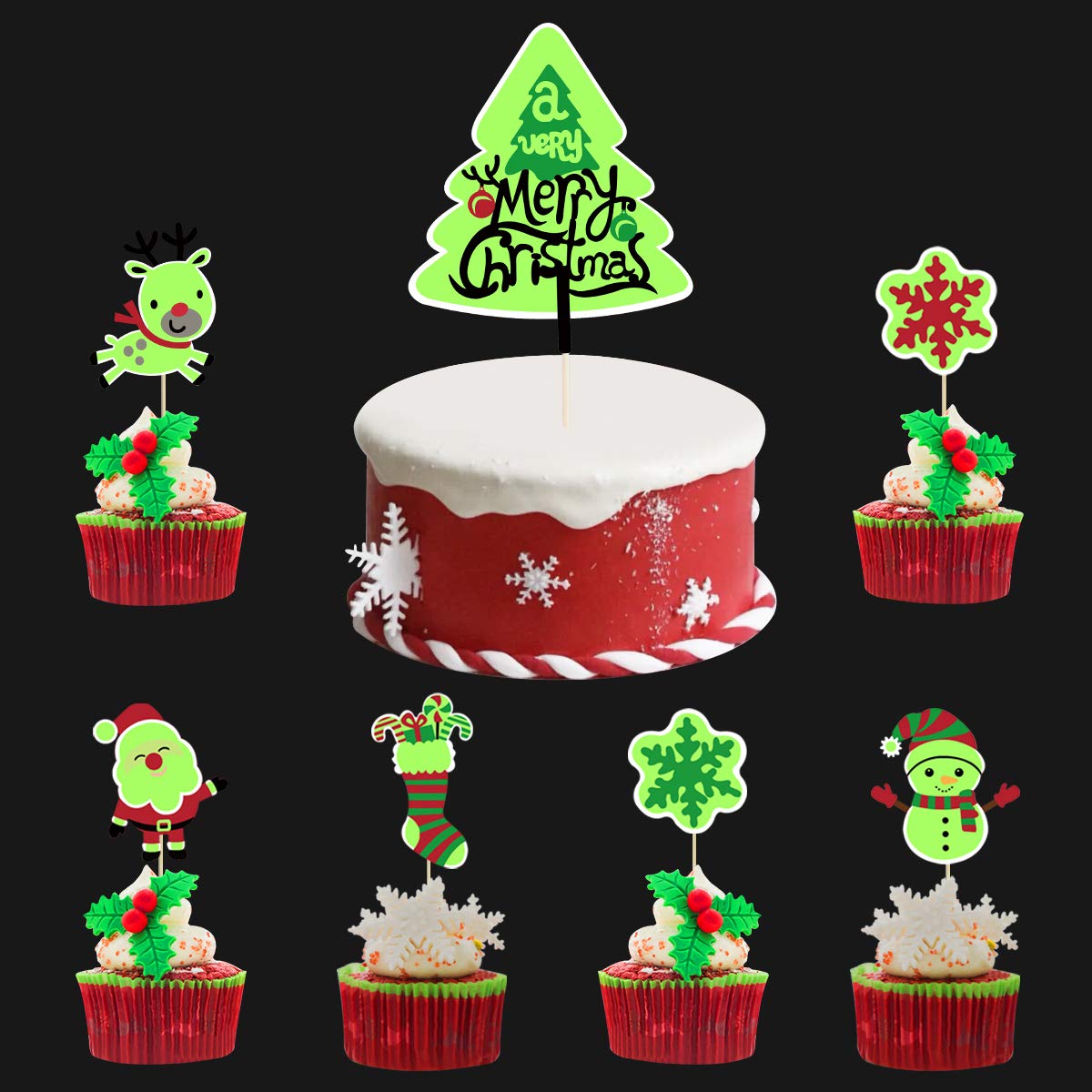 34Pcs Christmas Decorations Clearance Merry Christmas Cake Topper Cupcake Toppers Picks Glow in The Dark Christmas Party Cake Decorations for Xmas Frozen Winter Wonderland New Year Theme Party