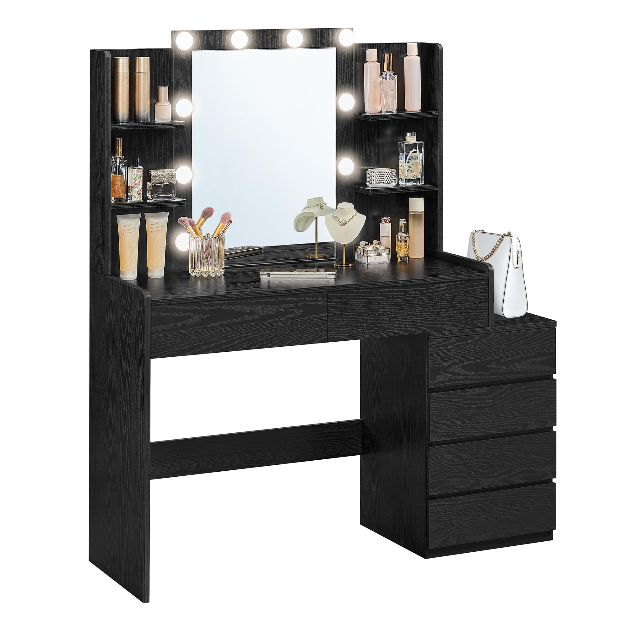 VASAGLE Vanity Desk with Mirror and LED Lights, Makeup Vanity with 6 Drawers, Vanity Table with 4 Open Shelves, 10 Dimmable LED Lights, for Bedroom, Dressing Room, Modern, Ebony Black URDT12