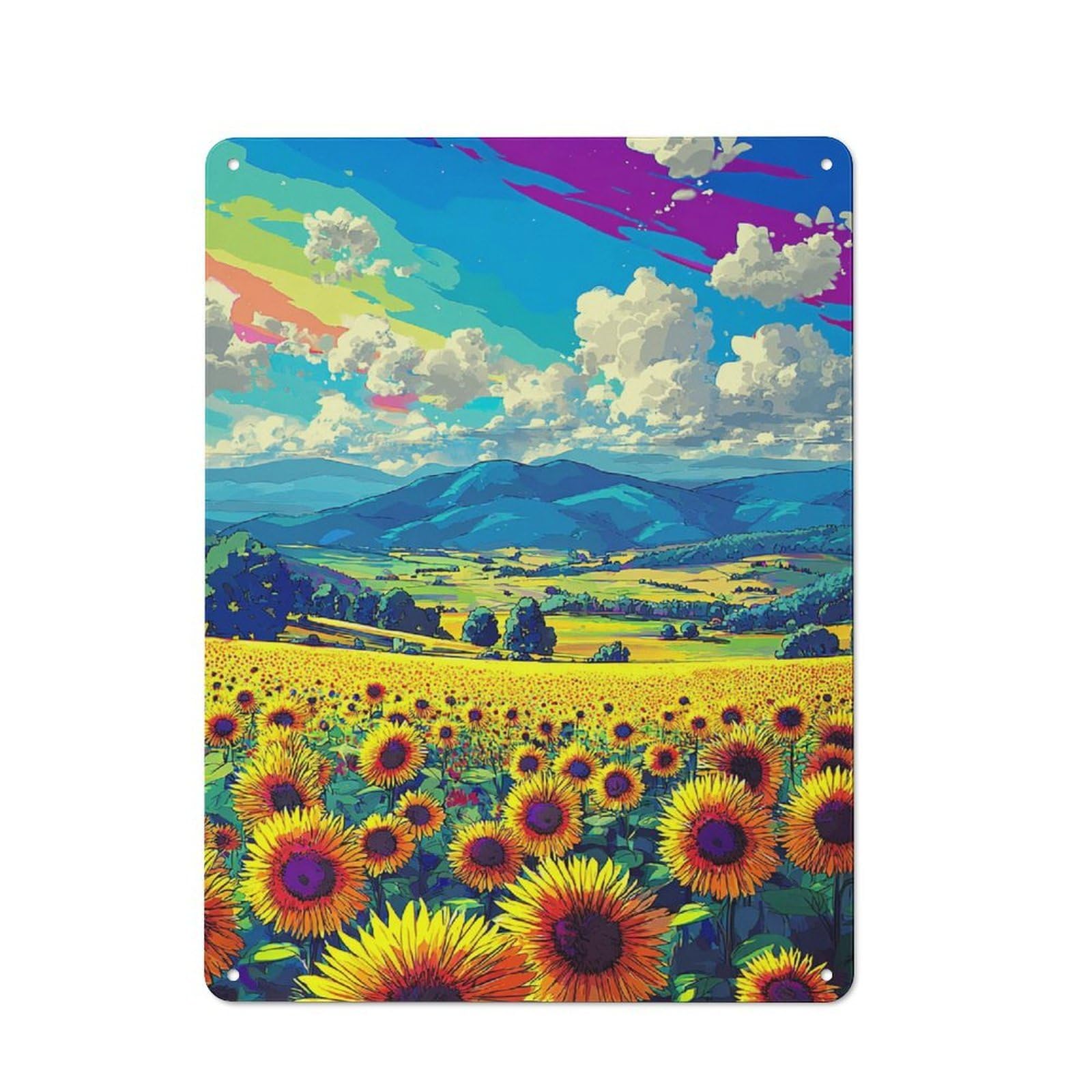Junmoney Sunflower Fields Under Rainbow Sky Retro-Style Metal Wall Sign 40X30cm For Living Room Wall, Gift Idea At Christmas For Feature Wall Decorators