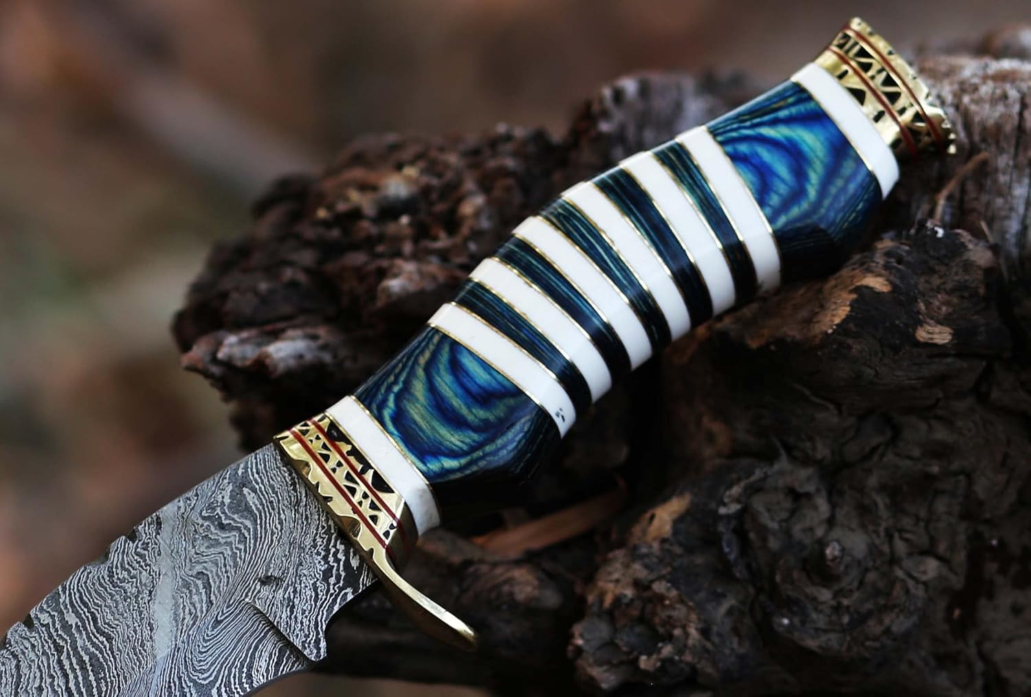 12" Long clip point Damascus Steel blade Hunting Knife, Blue colored wood and Camel bone scale crafted with brass spacer, Engraved Brass finger Guard and Pommel, Leather sheath included