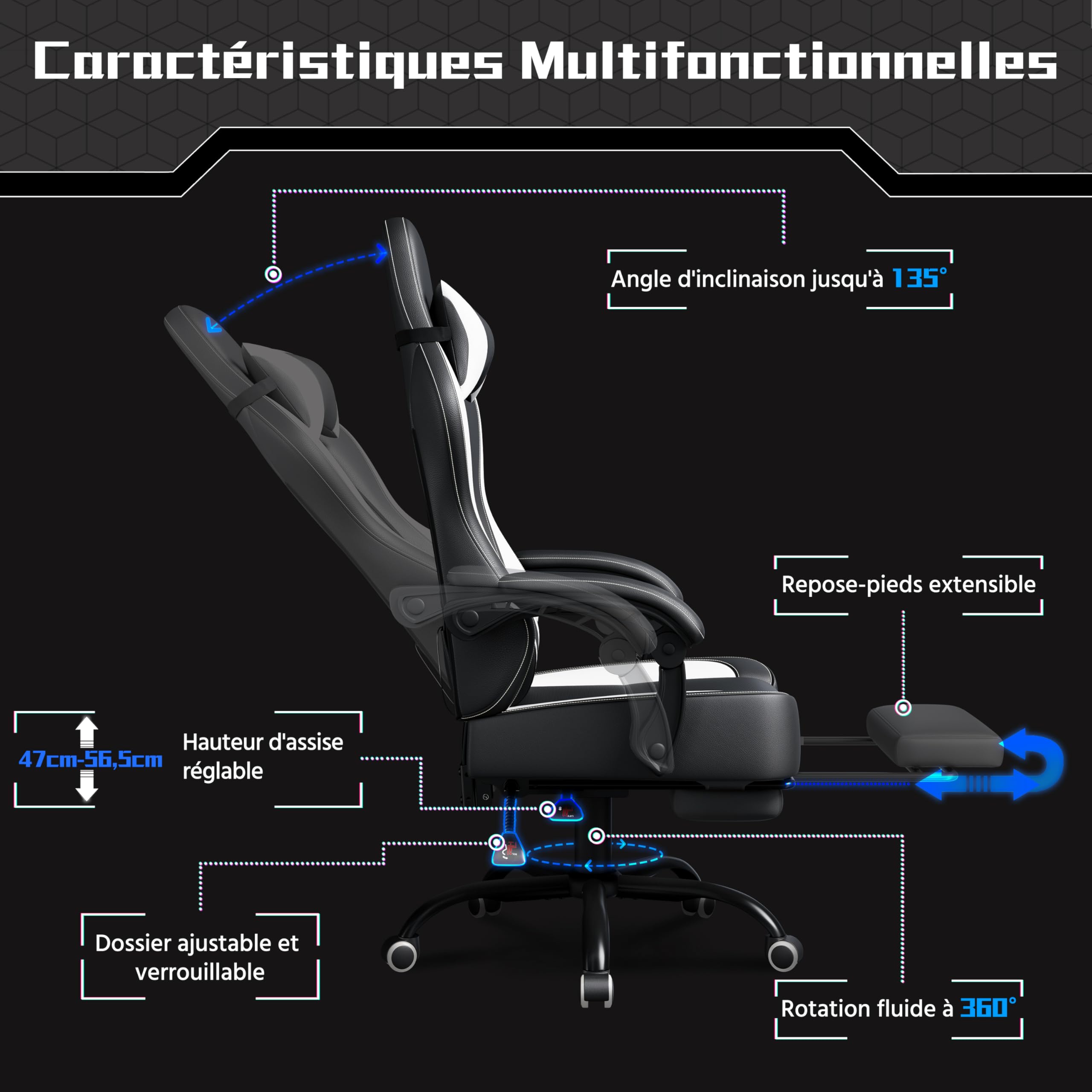 Abician Fauteuil Gaming Pivotant Ergonomique, Chaise d'ordinateur Inclinable avec Coussin Lombaire, Massant Têtière Amovible Repose-Pieds Coulissant, Assise Réglable en Hauteur, Noir/Blanc
