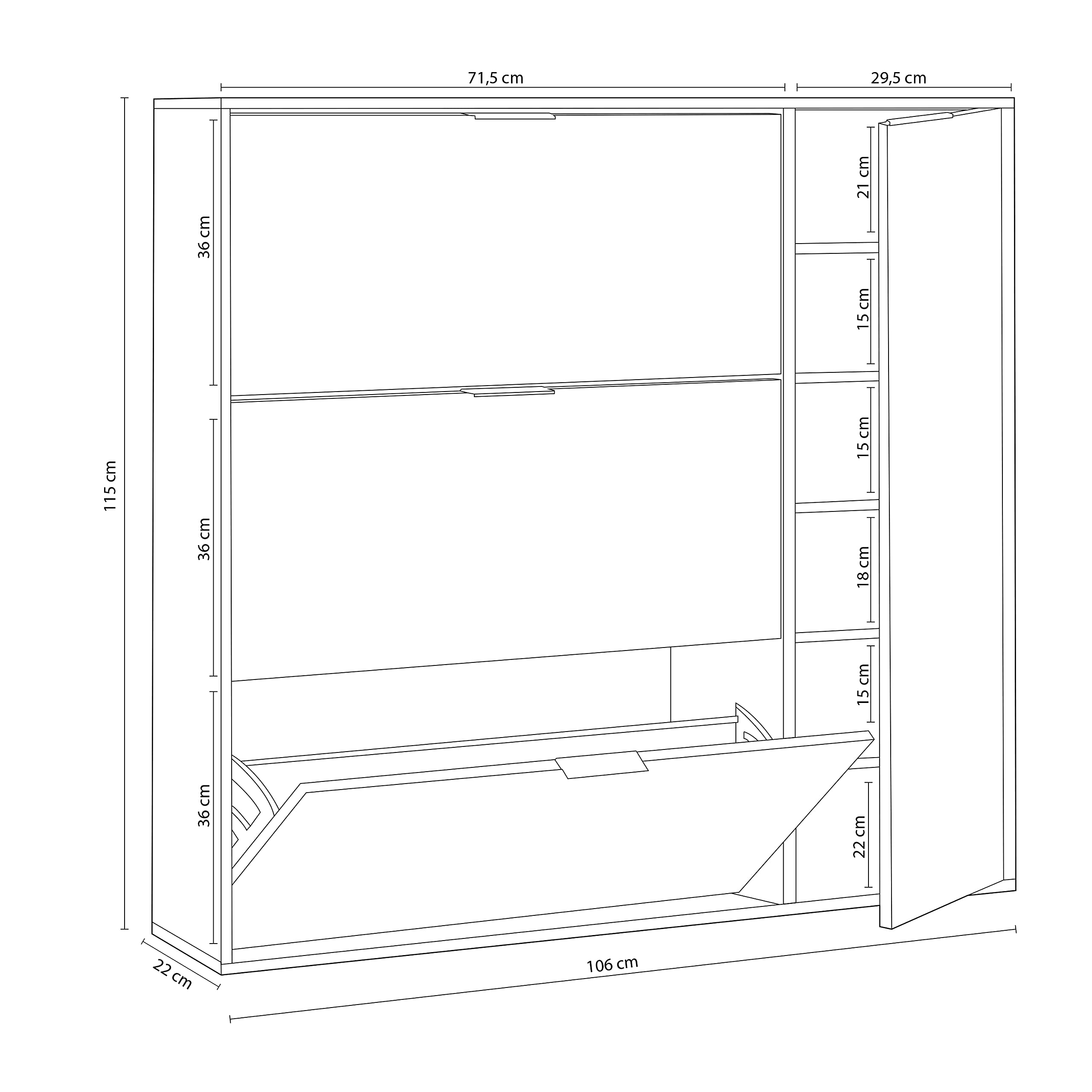 duehome | Mueble Zapatero 4 Puertas, Modelo Eris, Acabado en Roble Canadian y Blanco Artik, Medidas: 106 cm (Ancho) x 115 cm (Alto) x 22 cm (Fondo)