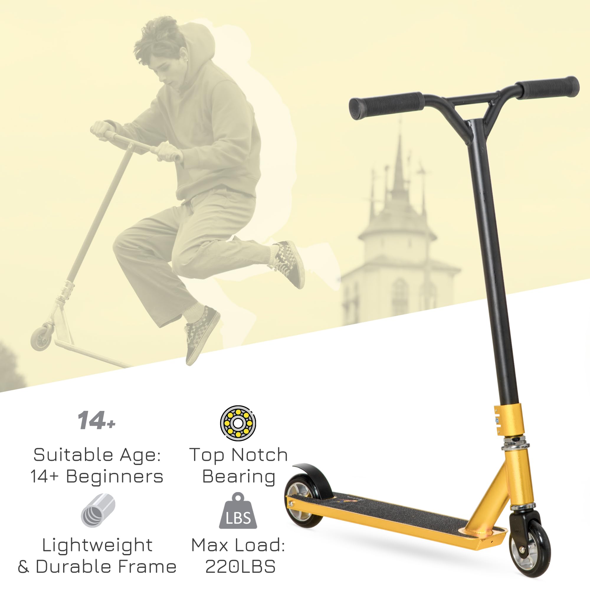HOMCOM Stunt Scooter, 360° Entry Level Tricks Scooter w/Lightweight Aluminium Deck and ABEC 7 Bearing, For Age 14+ Beginners