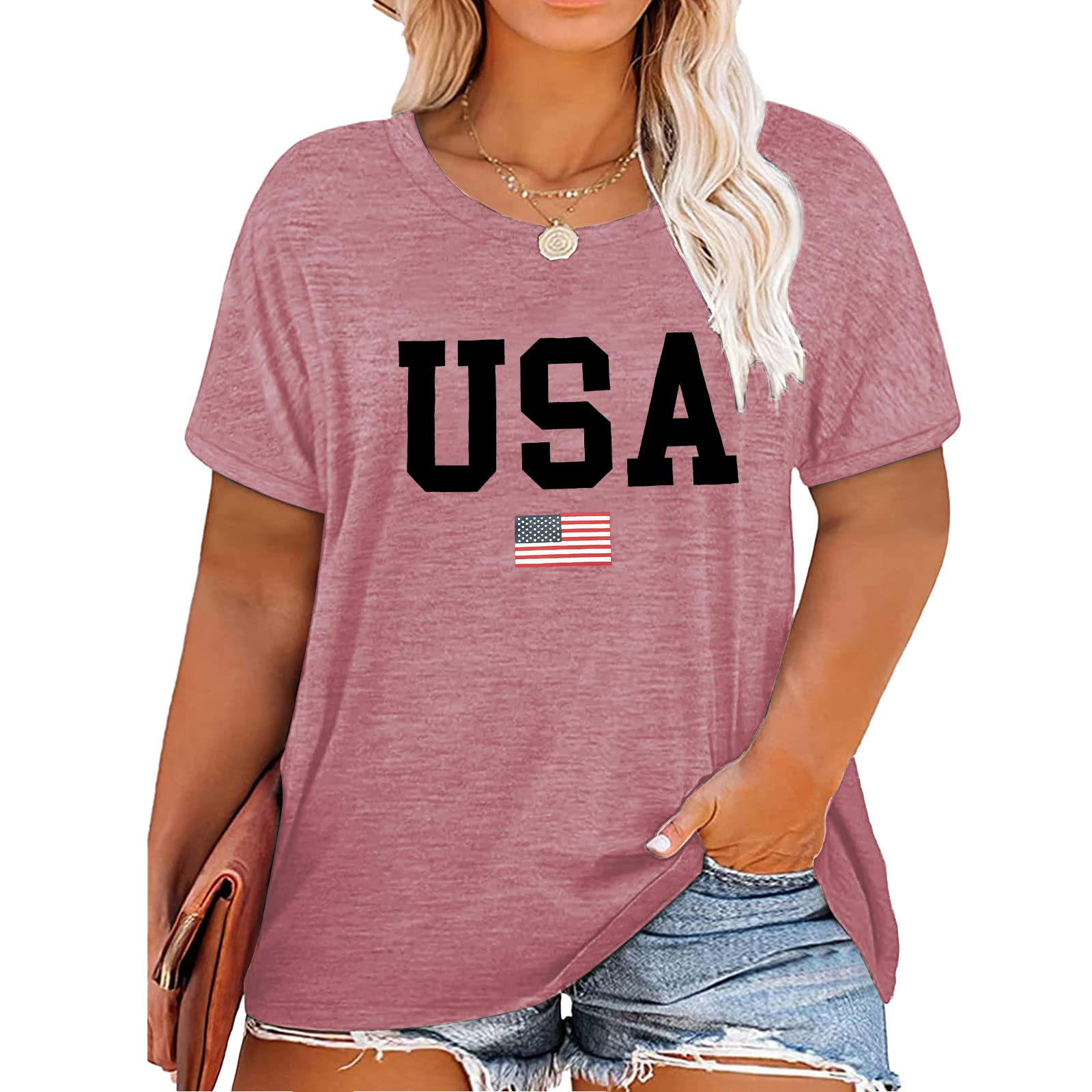Plus Size USA Flag Shirt for Women 4th of July American Flag Print Tee Tops Short Sleeve Patriotic T-Shirt Blouse