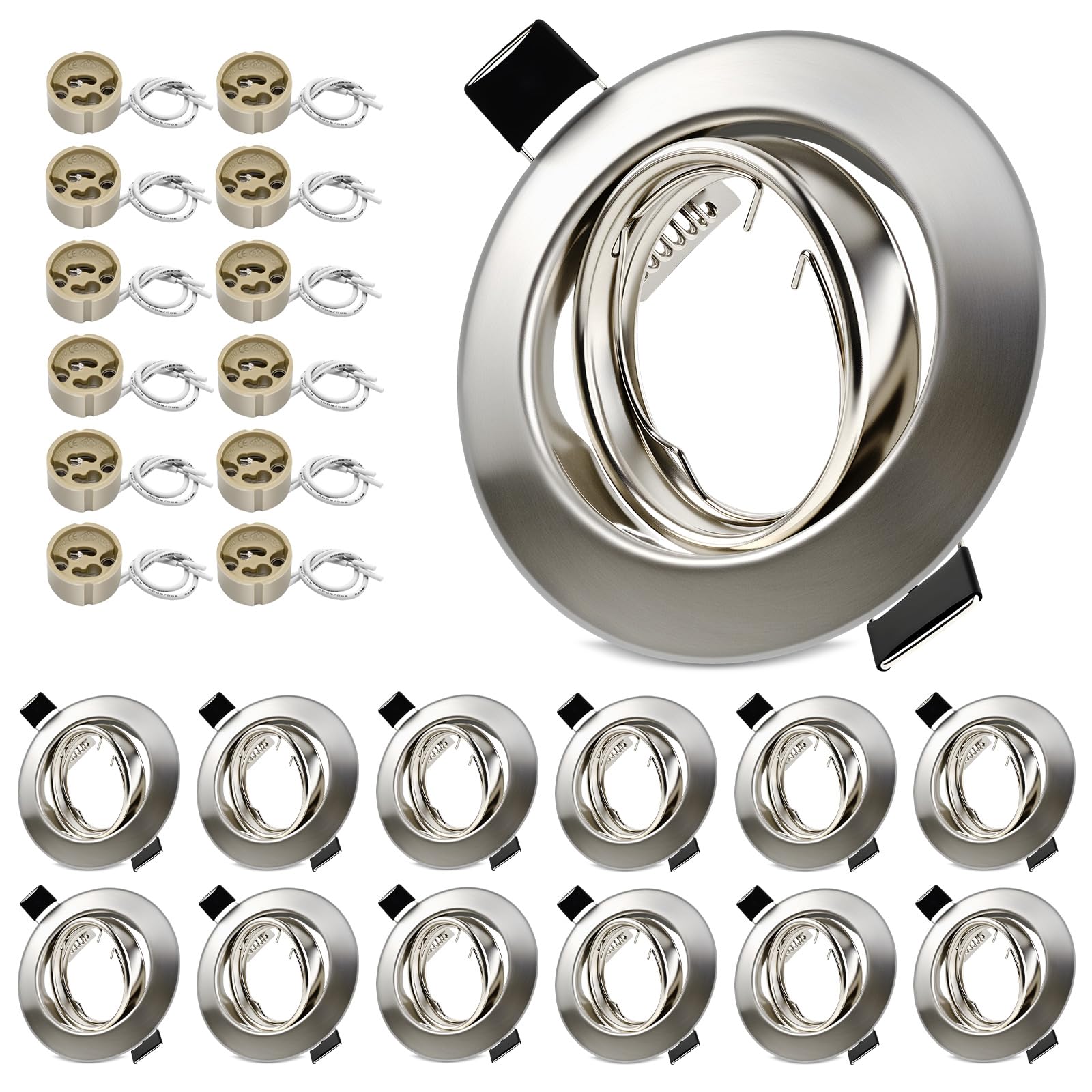 Marco Foco Empotrable GU10 Redondo Níquel Cepillado Metal, Incluye Zócalo GU10 Para Lámparas De Led O Halógena, Diseño Metálico Marco Empotrado Ojo de Buey - Aplicación en Sala, Cocina (Pack de 12)
