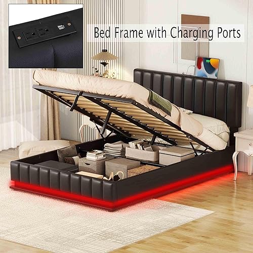 Miniatura 4 de RIDFY Marco de cama de almacenamiento elevado con luz LED, enchufes, puertos USB, moderna plataforma tapizada completa con sistema de almacenamiento