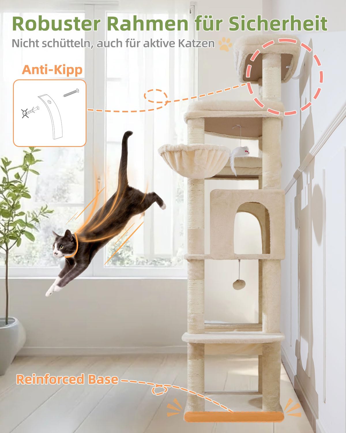 Taoqimiao 180CM Kratzbaum Groß XXL, Katzenbaum Grosse Katzen Stabil kratzbaum Maine Coon mit Katzenhaus, Hängematte, Große Plattform 9 Kratzsäulen, Korb, MS034M Beige