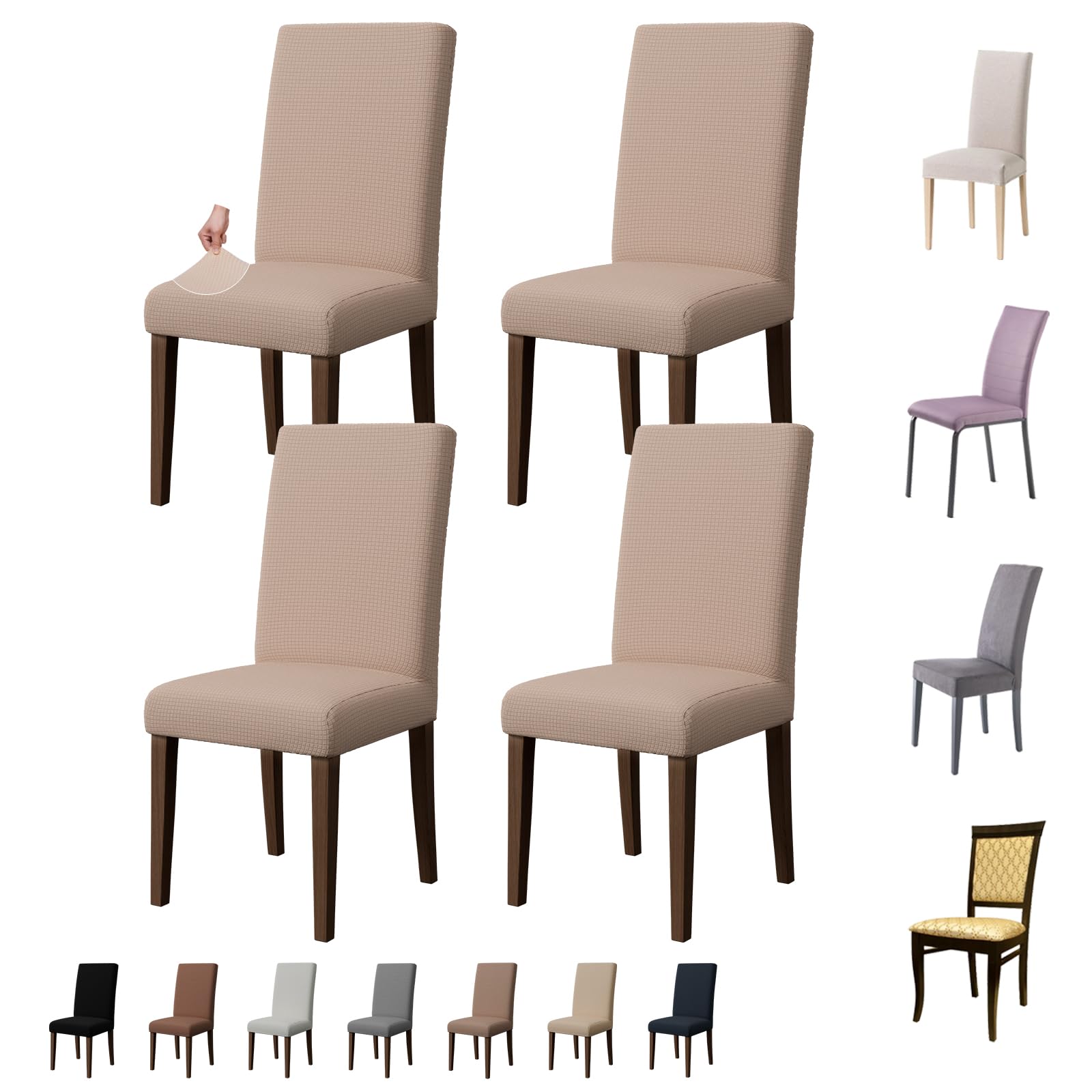 Chair Covers for Dining Room Set of 4, Washable Parson Chairs Slipcover Kitchen Seat Protector for Home, Party, Hotel, Banquet (Khaki)