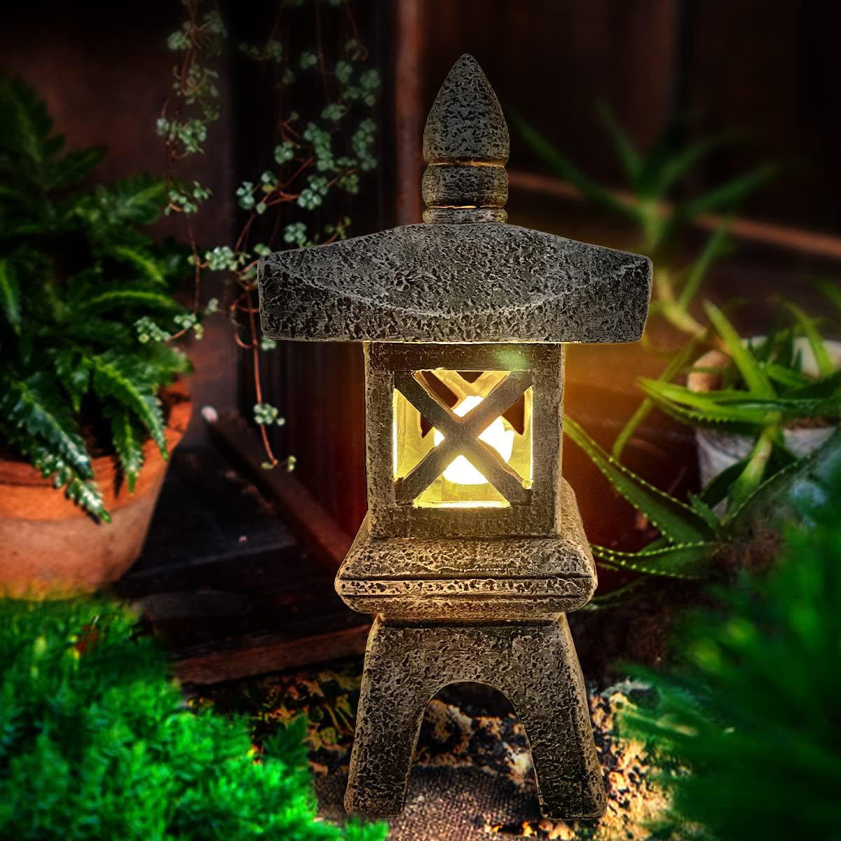 12.2''H Zen Pagoda Garden Statue with Solar Lotus Lights,Large Pagoda Asian Lantern Outdoor Decorations Japanese Temple Pagoda Lamp Patio Lawn Yard Porch Pool Pond Decor,Christmas Ornament Gift