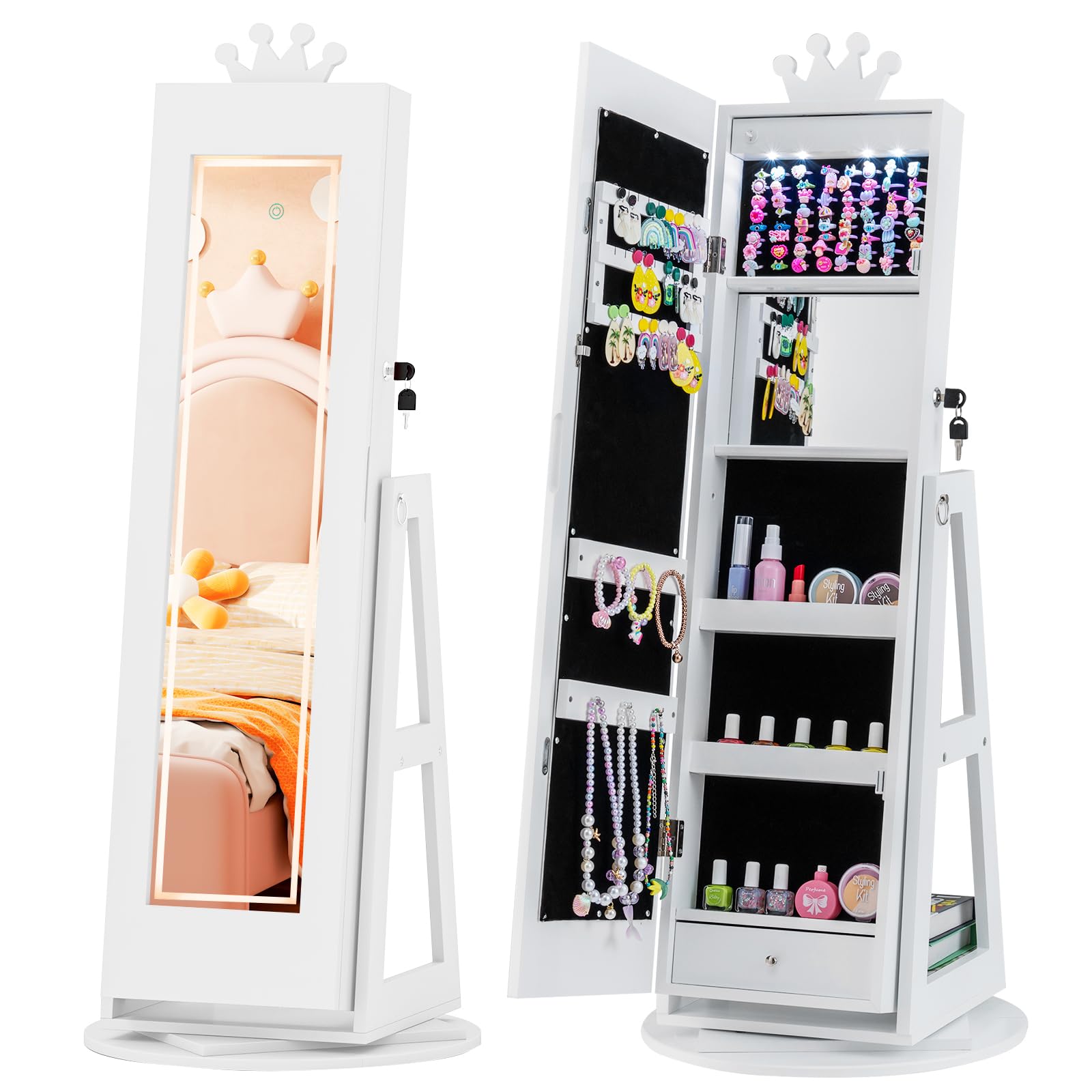 GYMAX Kids Jewelry Cabinet, Freestanding Girls Jewelry Organizer with Full-Length Mirror, Drawer and Anti-toppling System, 360°Swivel Children Jewelry Armoire for Bedroom (White, Crown with Lights)