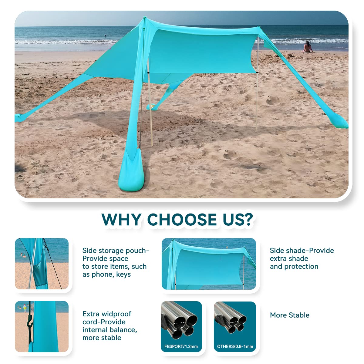 Tenda Portatile da Spiaggia con Protezione dai Raggi UV UPF 50+, Ancoraggi per la Sabbia e Barre in Alluminio per Cortile, Campeggio, Pesca e Picnic