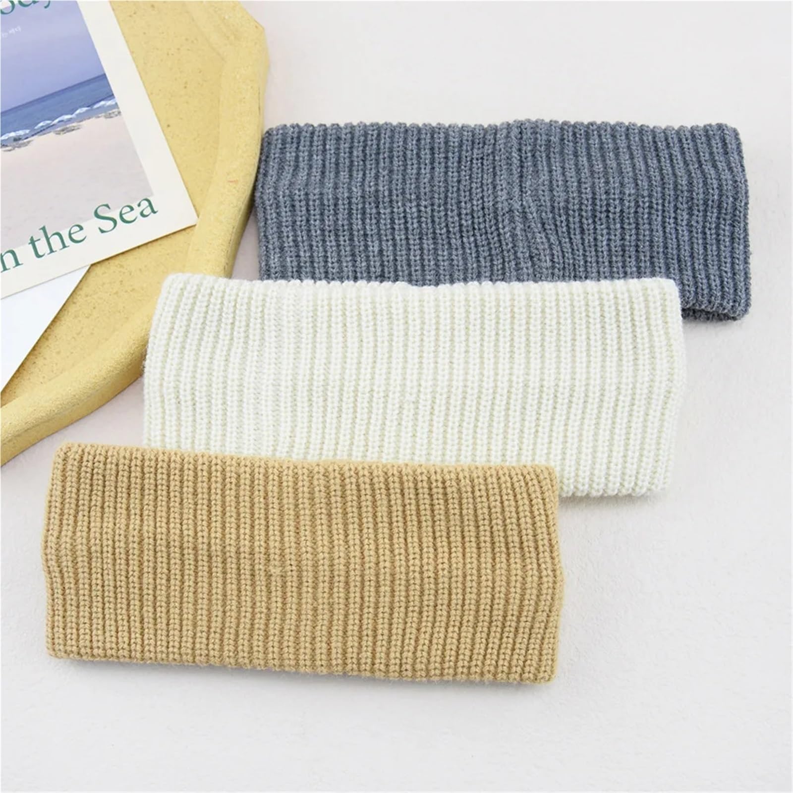 Stirnband 3PCS Einfache Feste Farbe Gestrickt Breiten Stirnband Frauen Sport Haarbänder Vertikale Gestreiften Kopf Abdeckung Winter Ohr Wärmer Winter Stirnband(Gray A)