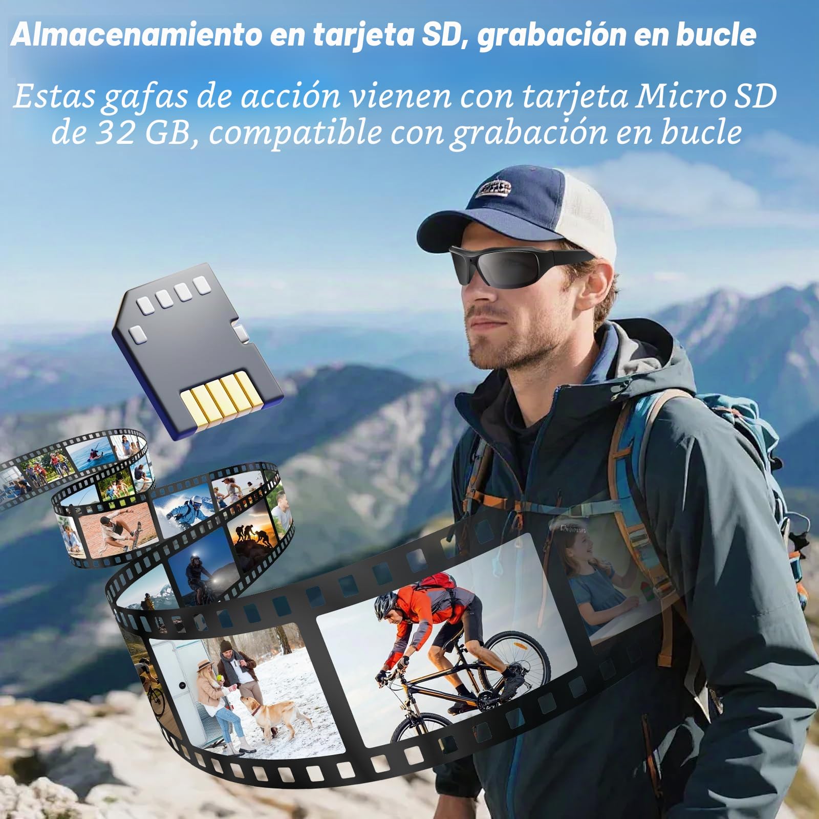 Cámara Espía Oculta Gafas de Sol, Gafas con Camara Camuflada MicroSD 32GB, Cámara de Acción Deportiva para Deportes al Aire Libre Protección UV