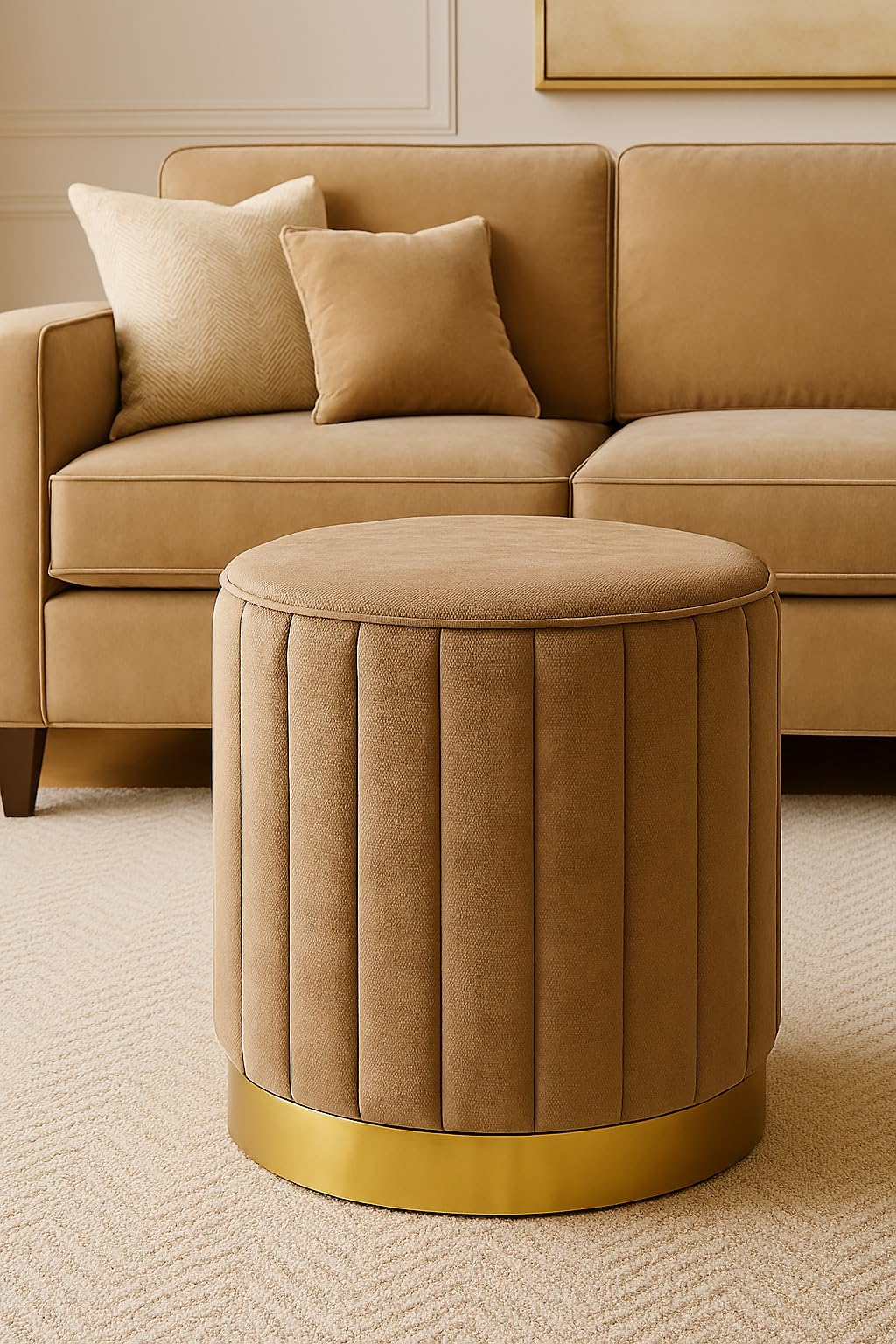 Round Modern Flannel Material Ottoman Foot Rest Vanity Seat with Gold Metal Legs for Bedroom Living Room Vanity Stool Padded Seat Foot Rest Stool (Brown)