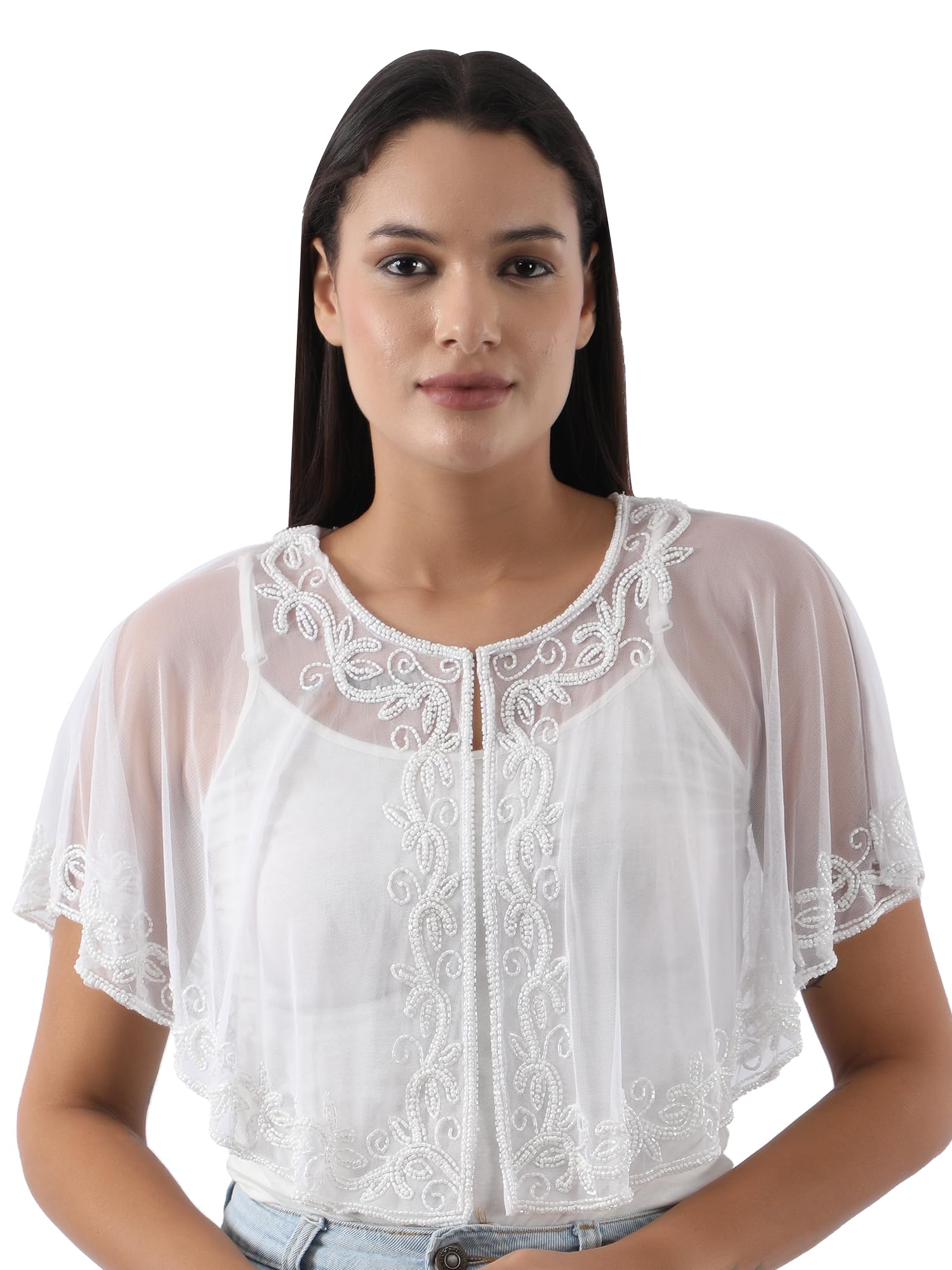 Women's Net Cape Shrug with Floral Embroidery, Round Neck, Short Length 50 cm, White-image-0