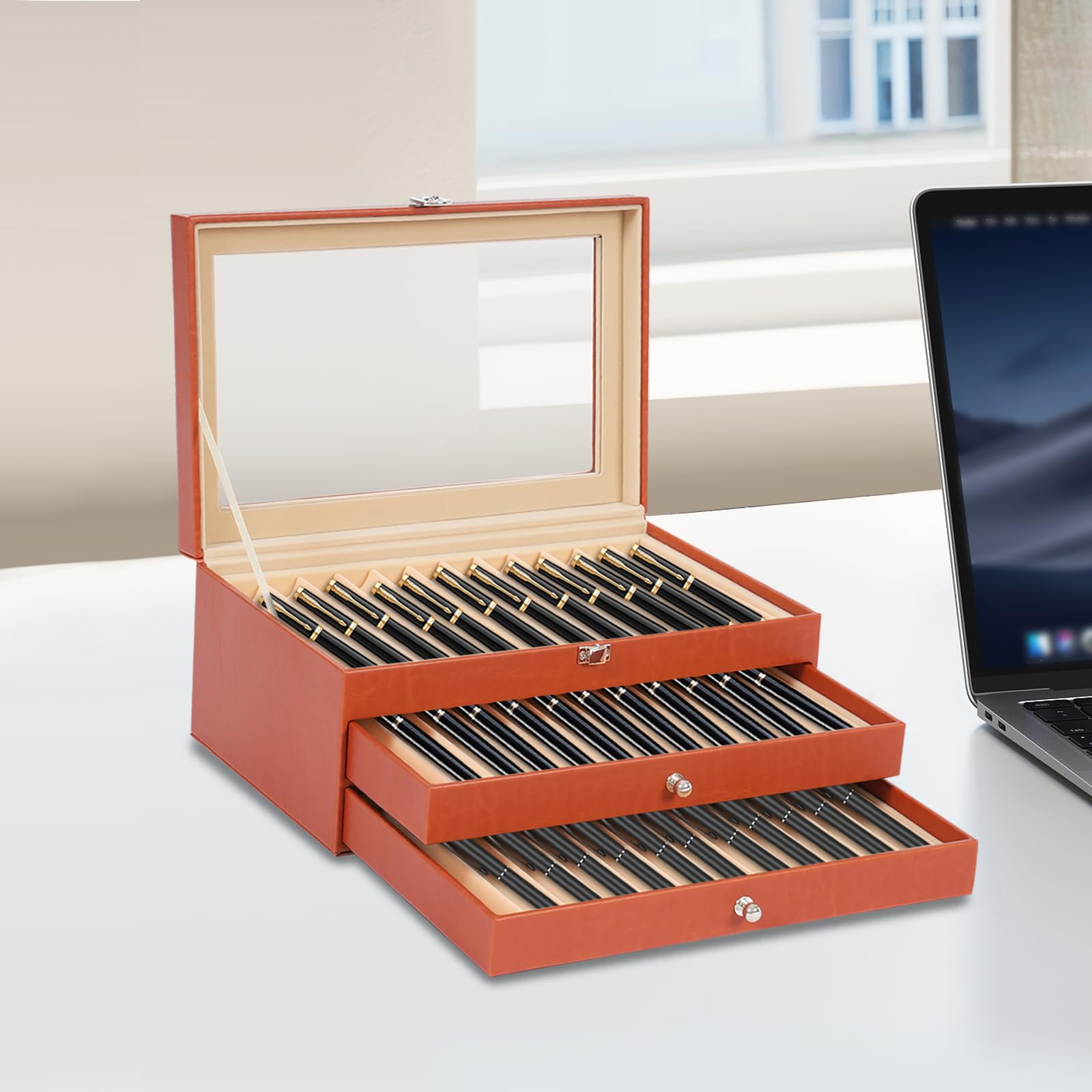 3 Etagen 36 Steckplätze Stift Display Box, Stift Aufbewahrungsbox aus Holz und PU, Rollmäppchen für Stifte, Federmäppchen Leder, für Stiften, Kugelschreibern und Markierstiften, 30.5 x 20 x 13.5cm