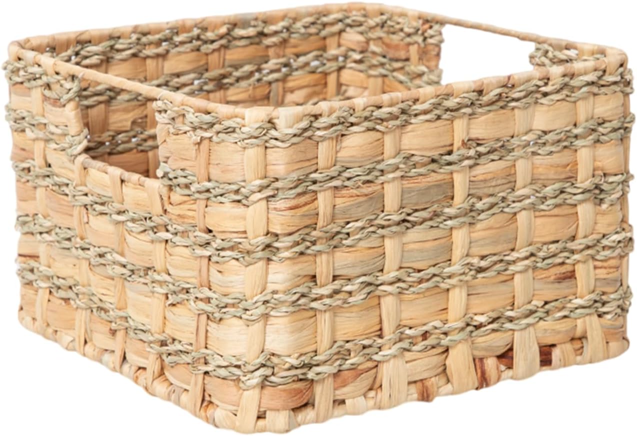 Handmade Square Water Hyacinth and Seagrass Storage Basket - Artisan Woven Rustic Organizer with Metal Frame for Home Decor, Shelf, and Closet (Small(10.6"x10.6"x6.7"H))