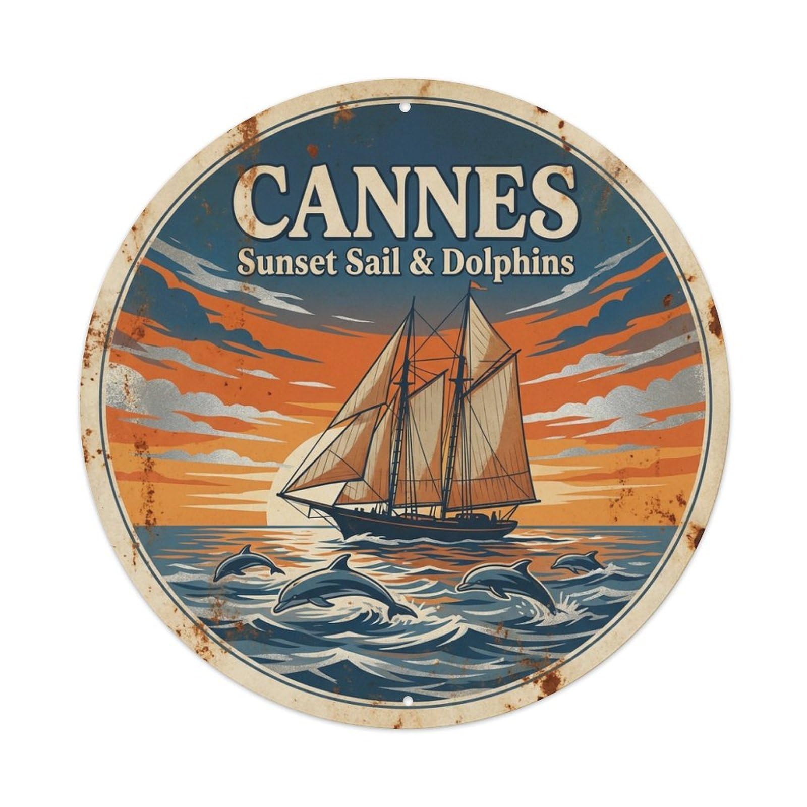 Sunset Sails Dolphins Coastal Travel France Cannes Metal Tin Sign