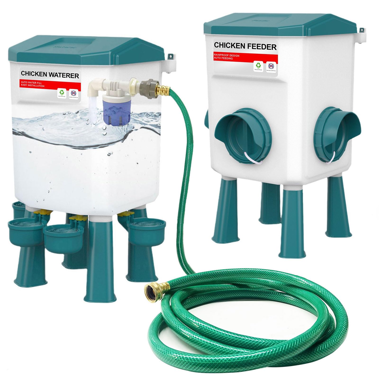 Float-Controlled Automatic Chicken Waterer & No Waste Feeder Kits - Chicken Coop Accessories, Poultry Waterer and Feeder, Two Buckets 3 Gallon/18-23