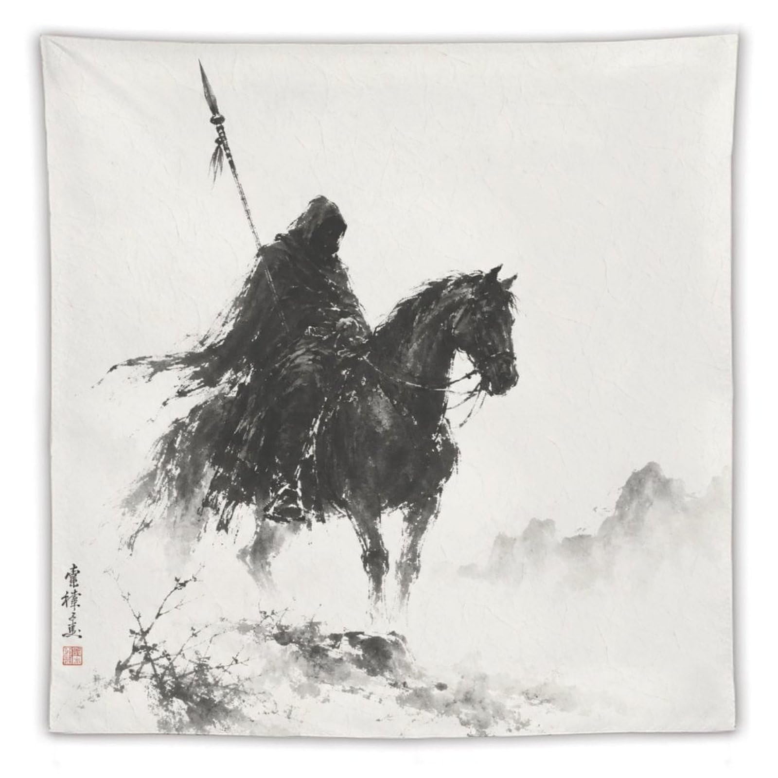 W7C8U2X3 Horseman Ink Silhouette Wall Tapestry, Asian Ink Style, Bedroom