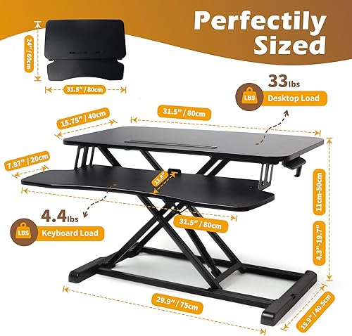 Miniatura 3 de Convertidor de escritorio de pie de 31.5 pulgadas, elevador de pie ajustable en altura con bandeja para teclado para oficina en casa, elevador de